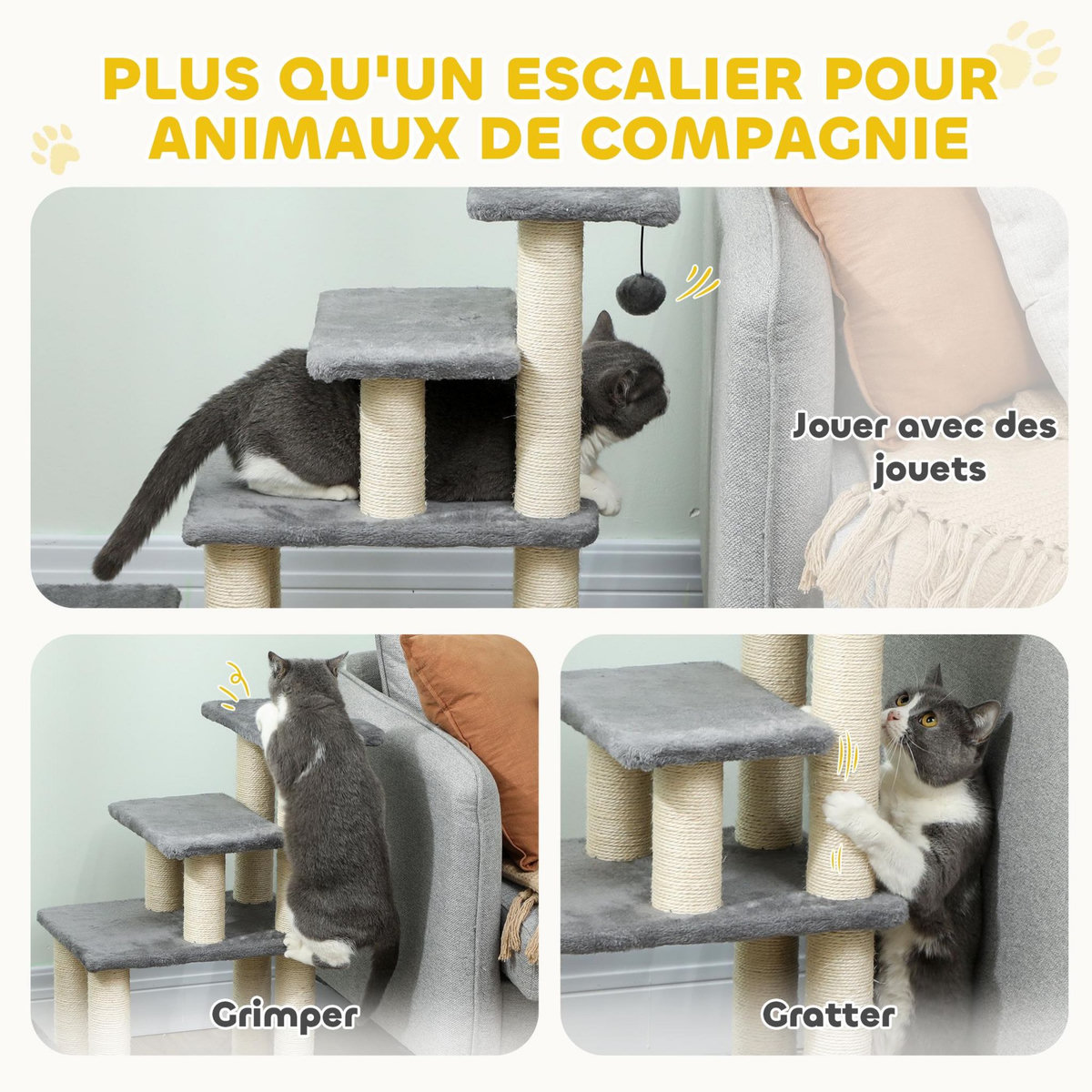 PAWHUT Escalier pour chat 4 marches - 8 poteaux griffoirs, jeu boule suspendue - sisal peluche gris