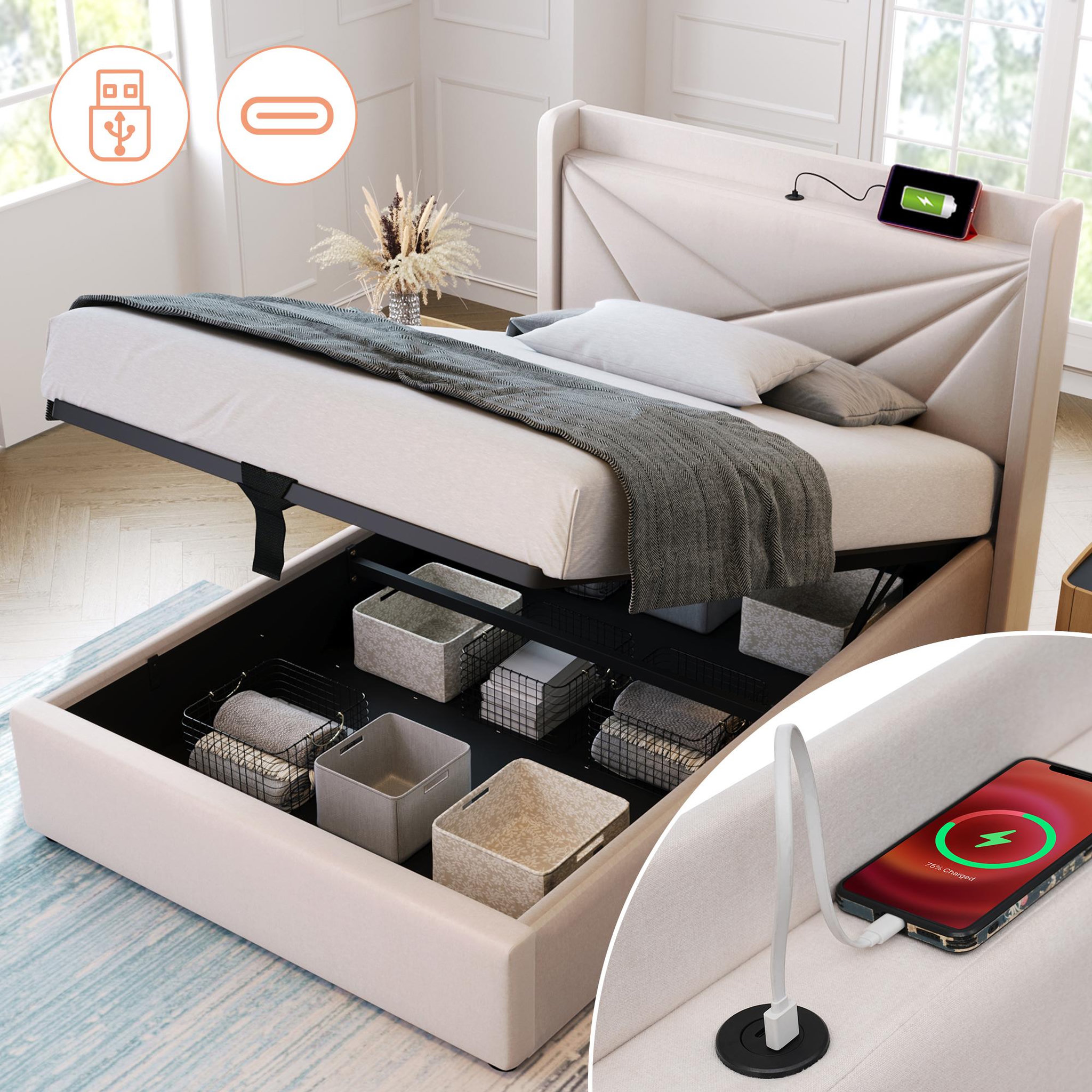 Voir la diapositive 2 : MERAX Lit coffre avec sommier et USB Lin