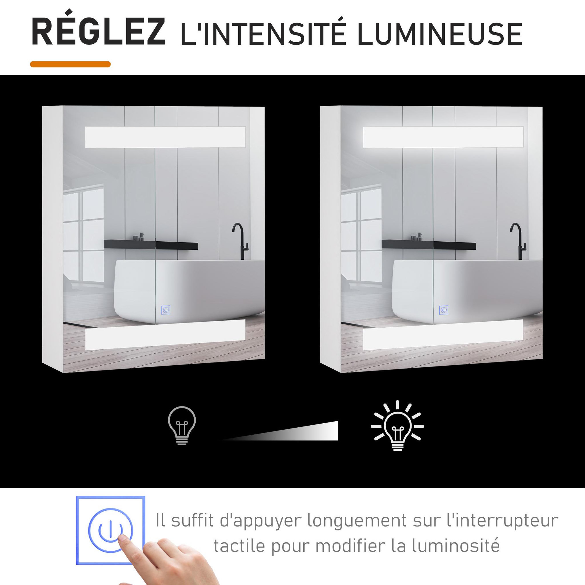 Voir la diapositive 5 : HOMCOM Miroir lumineux led armoire murale design de salle de bain 2 en 1 dim. 50l x 15l x 60h cm mdf blanc