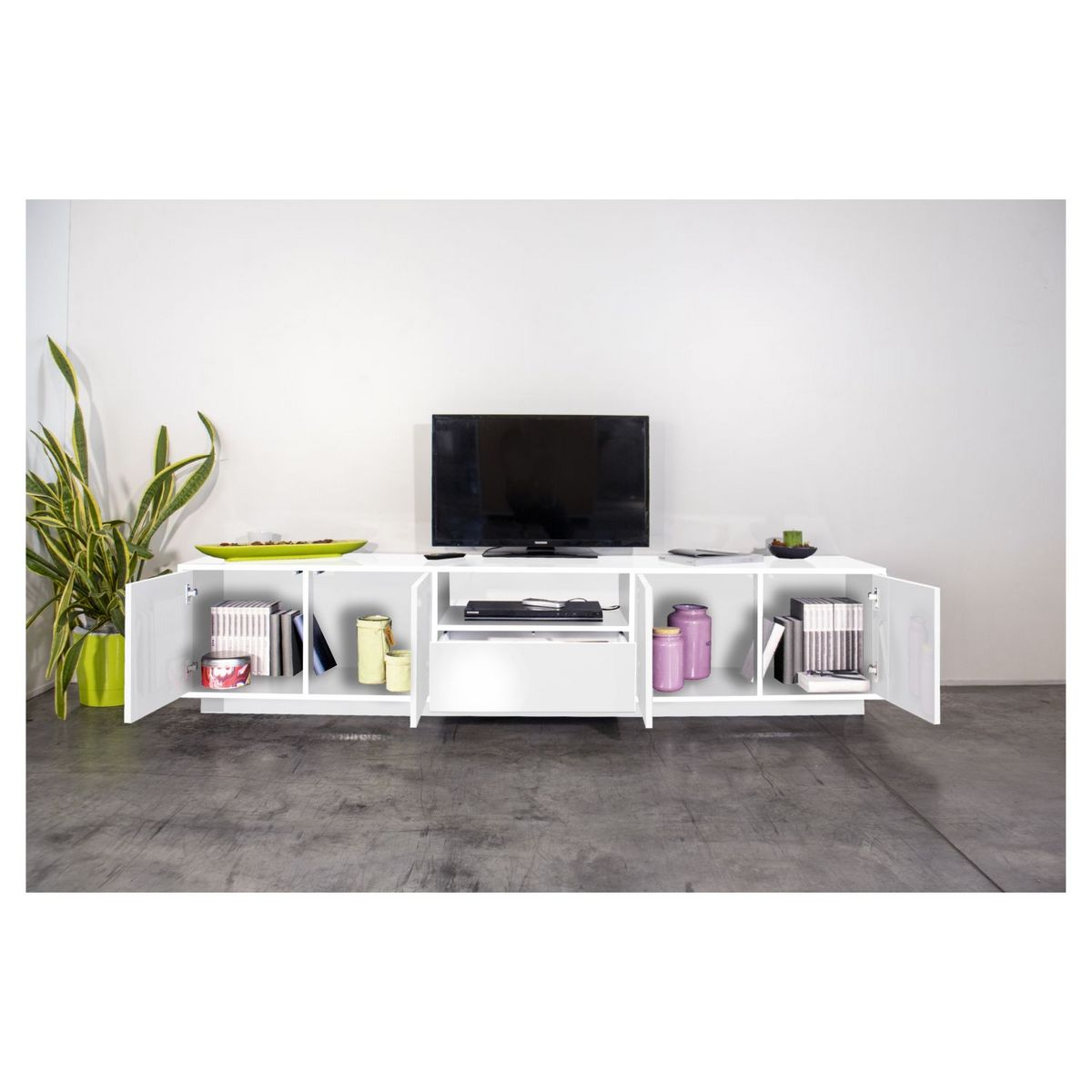 Meuble TV moderne 4 portes 1 tiroir 220 cm LUCERA