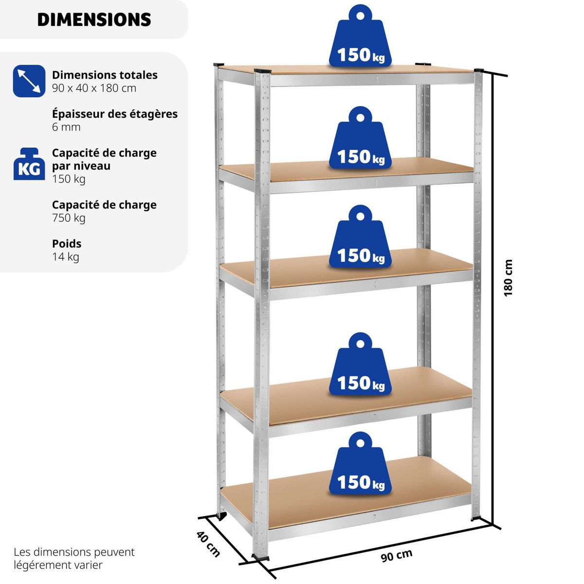 tectake Étagère pour charges lourdes structure en acier galvanisé argent 180 x 90 x 40 cm, 750 kg