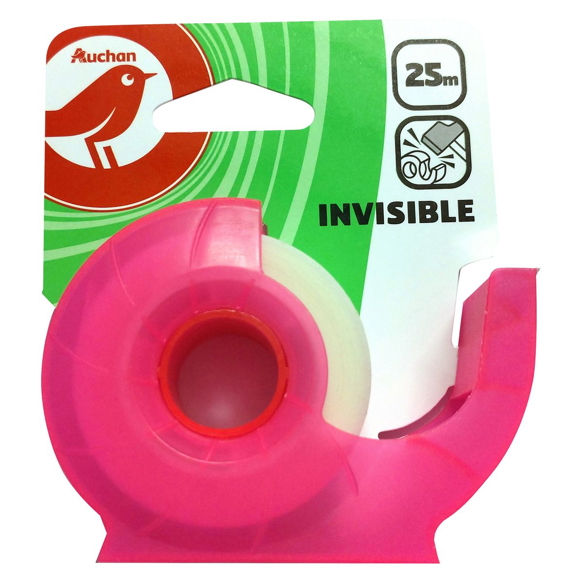 AUCHAN Scotch rouleau ruban adhésif 25m invisible avec dévidoir rose