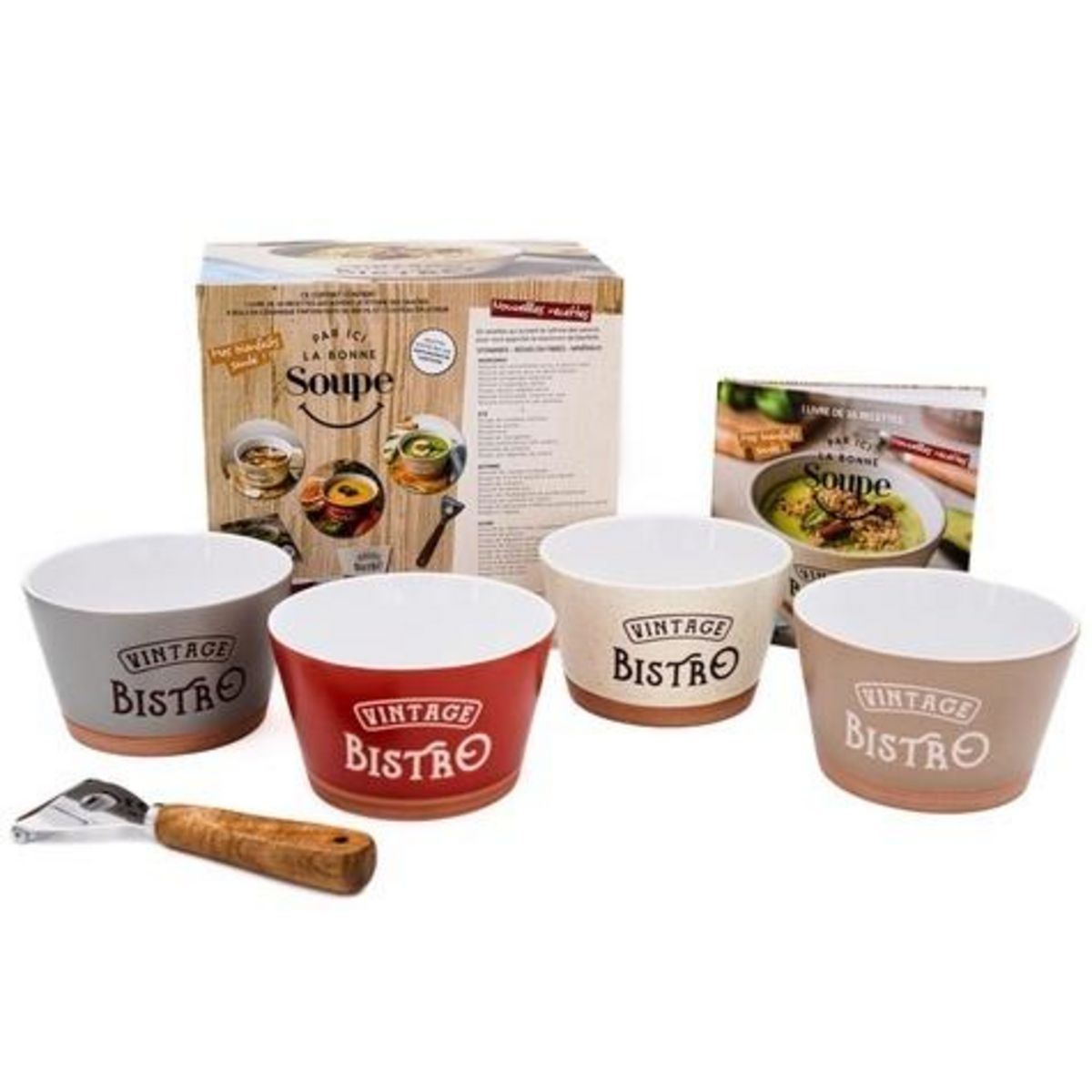 PAR ICI LA BONNE SOUPE ! COFFRET AVEC 4 BOLS, 1 COUTEAU EPLUCHEUR ET 1 LIVRE DE RECETTES, EDITION 2025, Pociecka Natacha