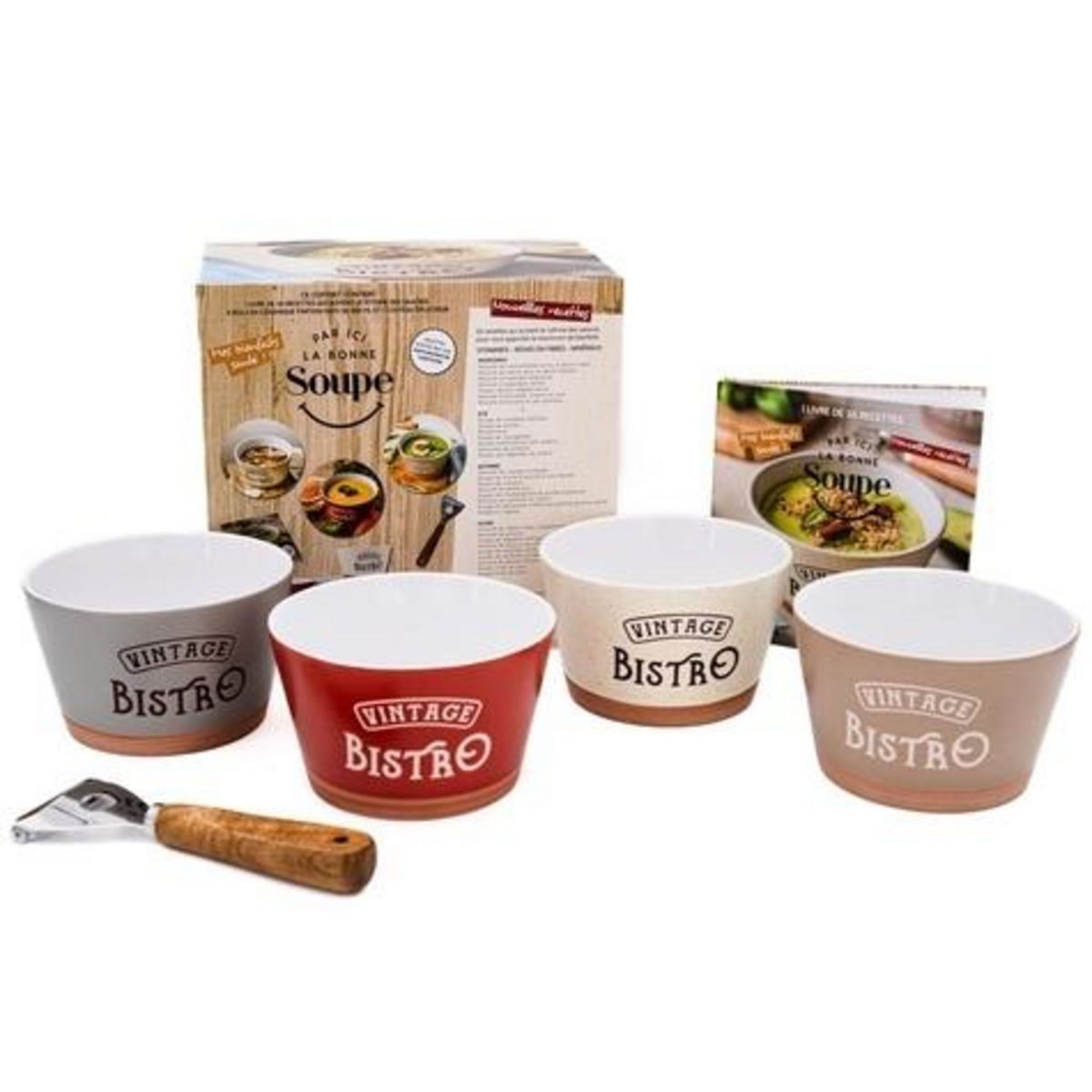 PAR ICI LA BONNE SOUPE ! COFFRET AVEC 4 BOLS, 1 COUTEAU EPLUCHEUR ET 1 LIVRE DE RECETTES, EDITION 2025, Pociecka Natacha