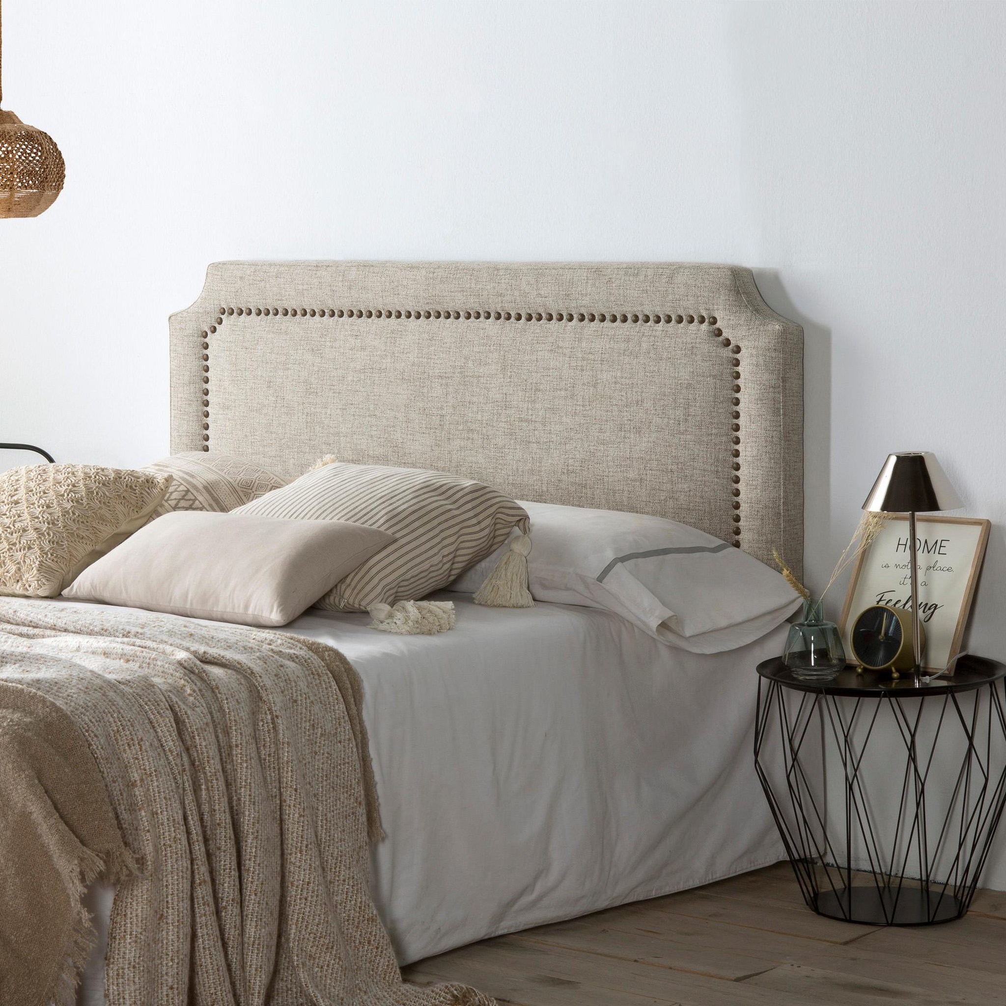 Voir la diapositive 4 : MARCKONFORT Tête de lit tapissée Leonor 160x60 cm Grise, Clous en Marron
