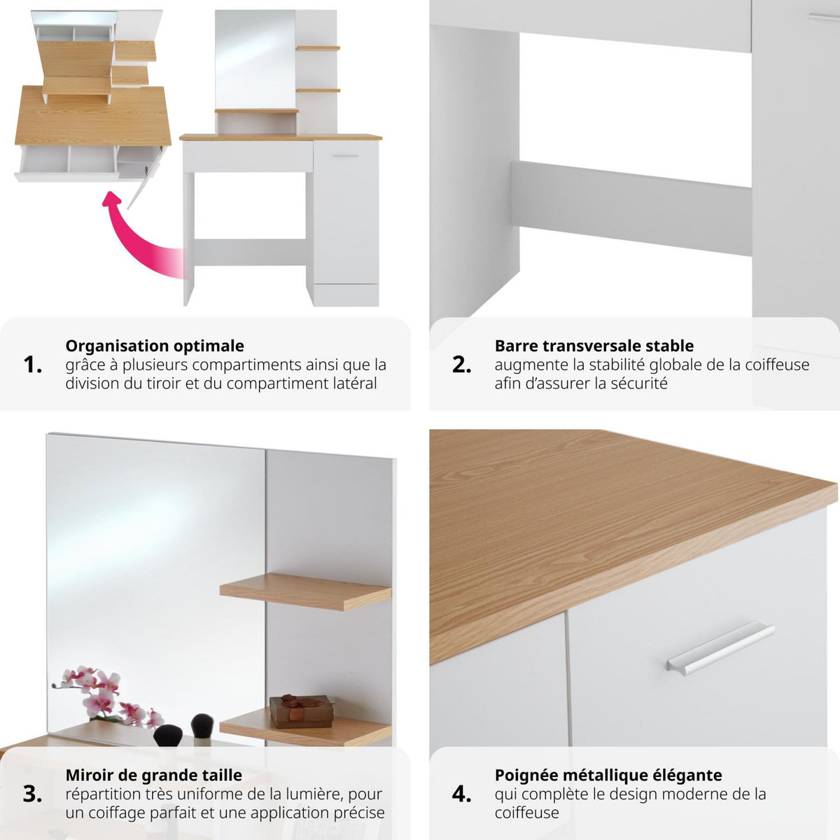 tectake Coiffeuse table de maquillage au look moderne blanc/hêtre