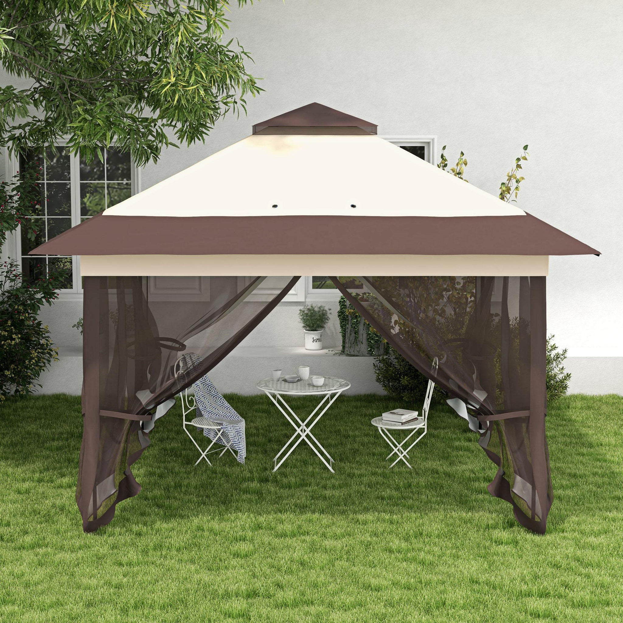 Voir la diapositive 4 : OUTSUNNY Tonnelle barnum de jardin pop-up pliant 3,64L x 3,64l x 2,98H m acier polyester moustiquaires + sac de transport à roulettes beige marron