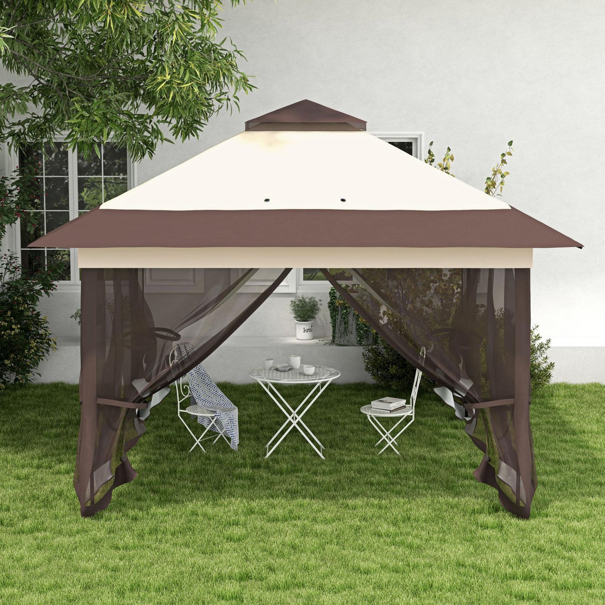 OUTSUNNY Tonnelle barnum de jardin pop-up pliant 3,64L x 3,64l x 2,98H m acier polyester moustiquaires + sac de transport à roulettes beige marron