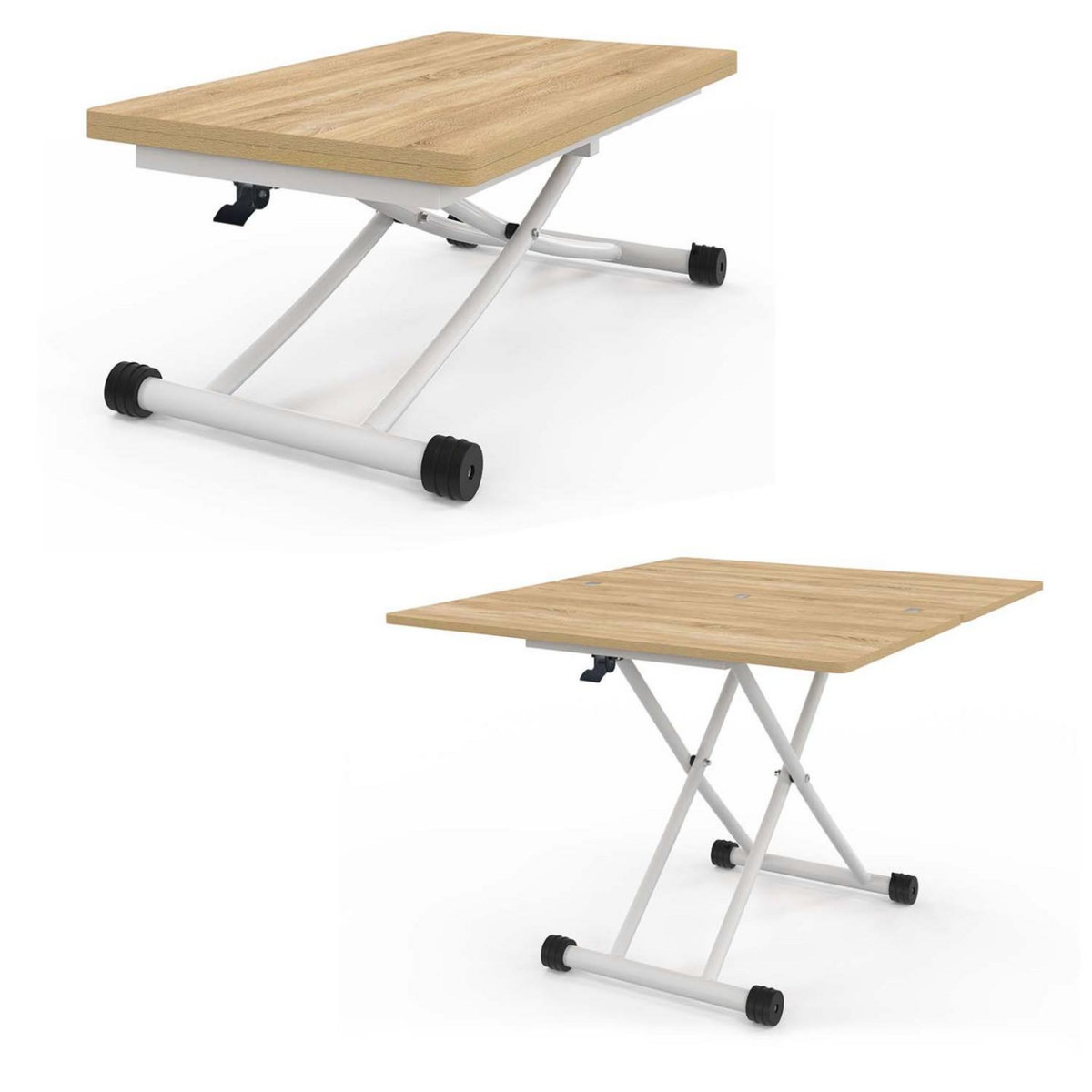 ID MARKET Table basse extensible relevable en table à manger rectangulaire URBANA plateau façon hêtre pied blanc