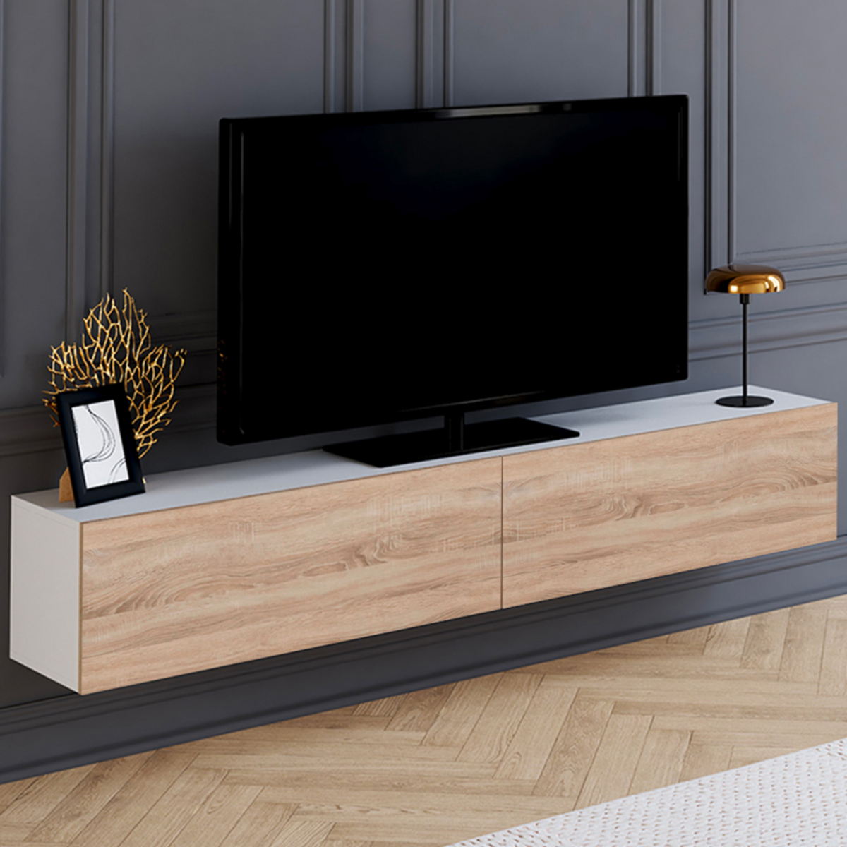 ID MARKET Meuble TV 180 cm suspendu ELIO 2 portes blanc et bois