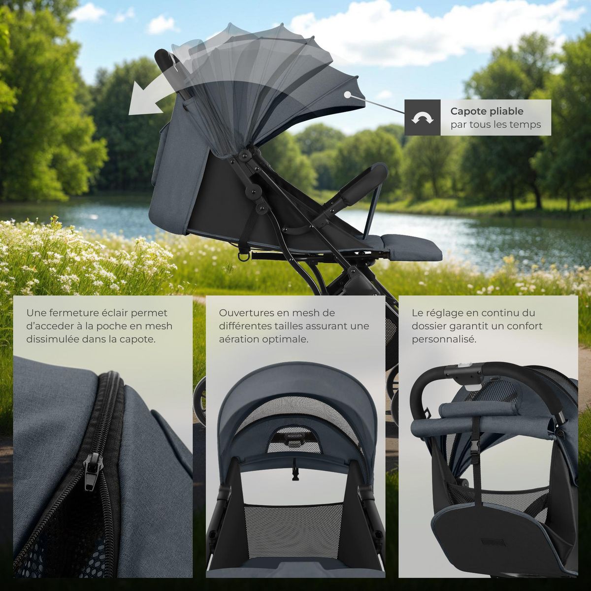 tectake Poussette buggy pliage à une main avec harnais à 5 points, frein de stationnement et arceau de sécurité gris anthracite