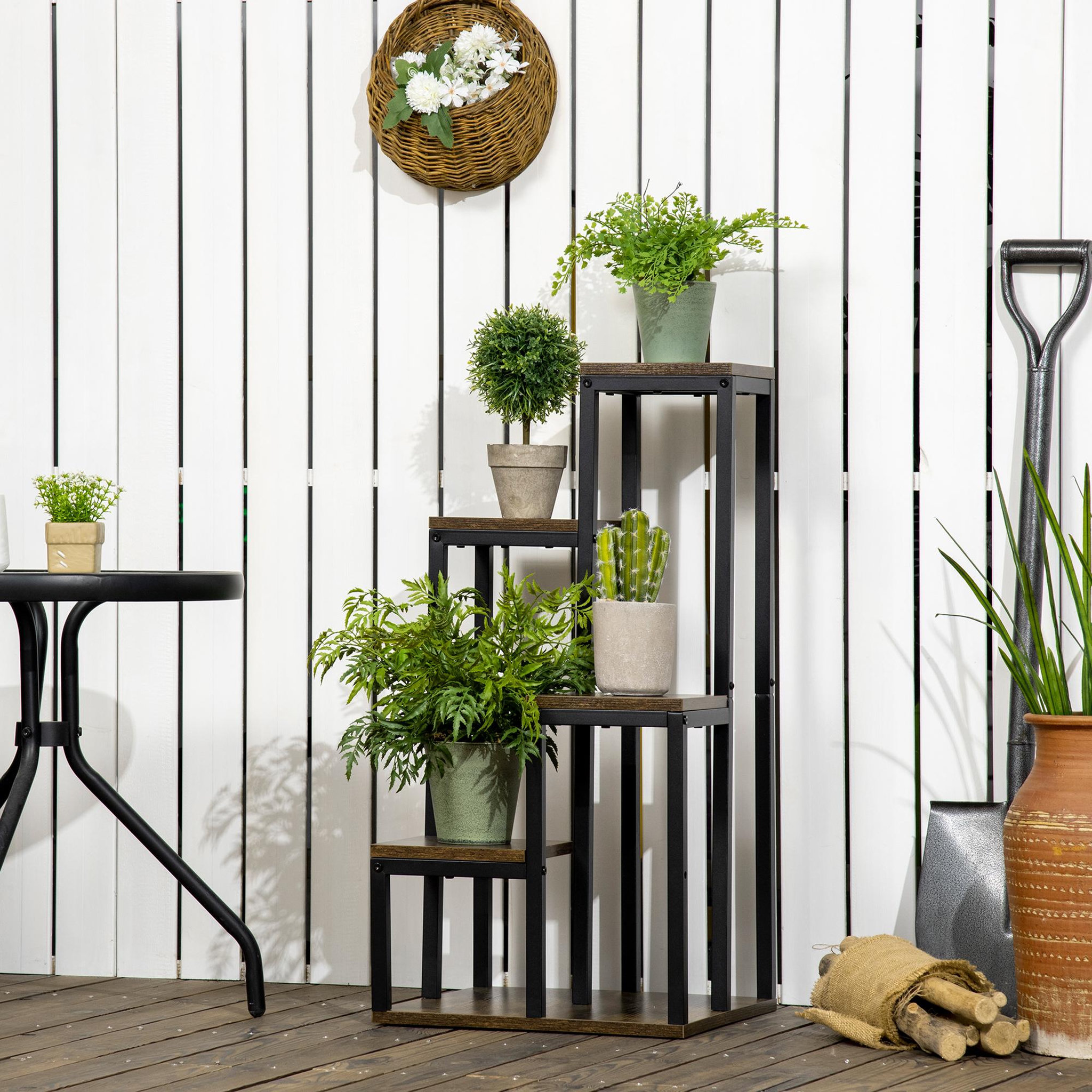 Voir la diapositive 2 : OUTSUNNY Support à fleurs style industriel 5 niveaux - porte plante 4 étagères - acier époxy noir aspect bois foncé