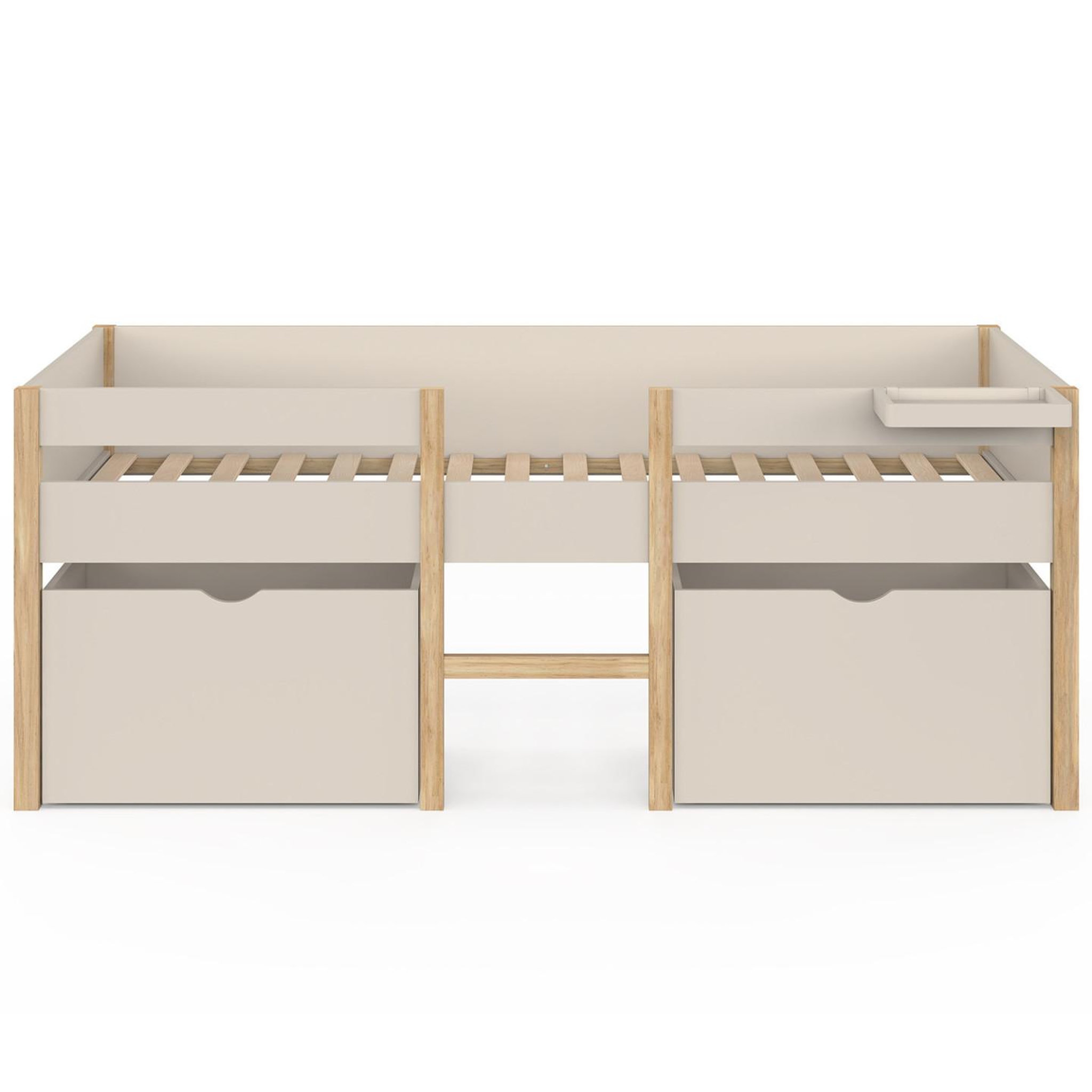 Voir la diapositive 3 : ID MARKET Lit simple surélevé mi-hauteur 90 x 190 cm SERVANE avec sommier, barrières, 2 tiroirs de rangement et tablette beige et bois