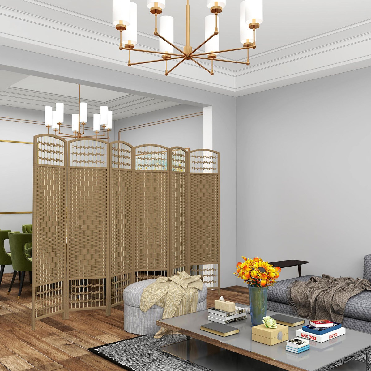 HOMCOM Paravent intérieur 6 panneaux pliables séparateur de pièce bois fibres tressées naturel