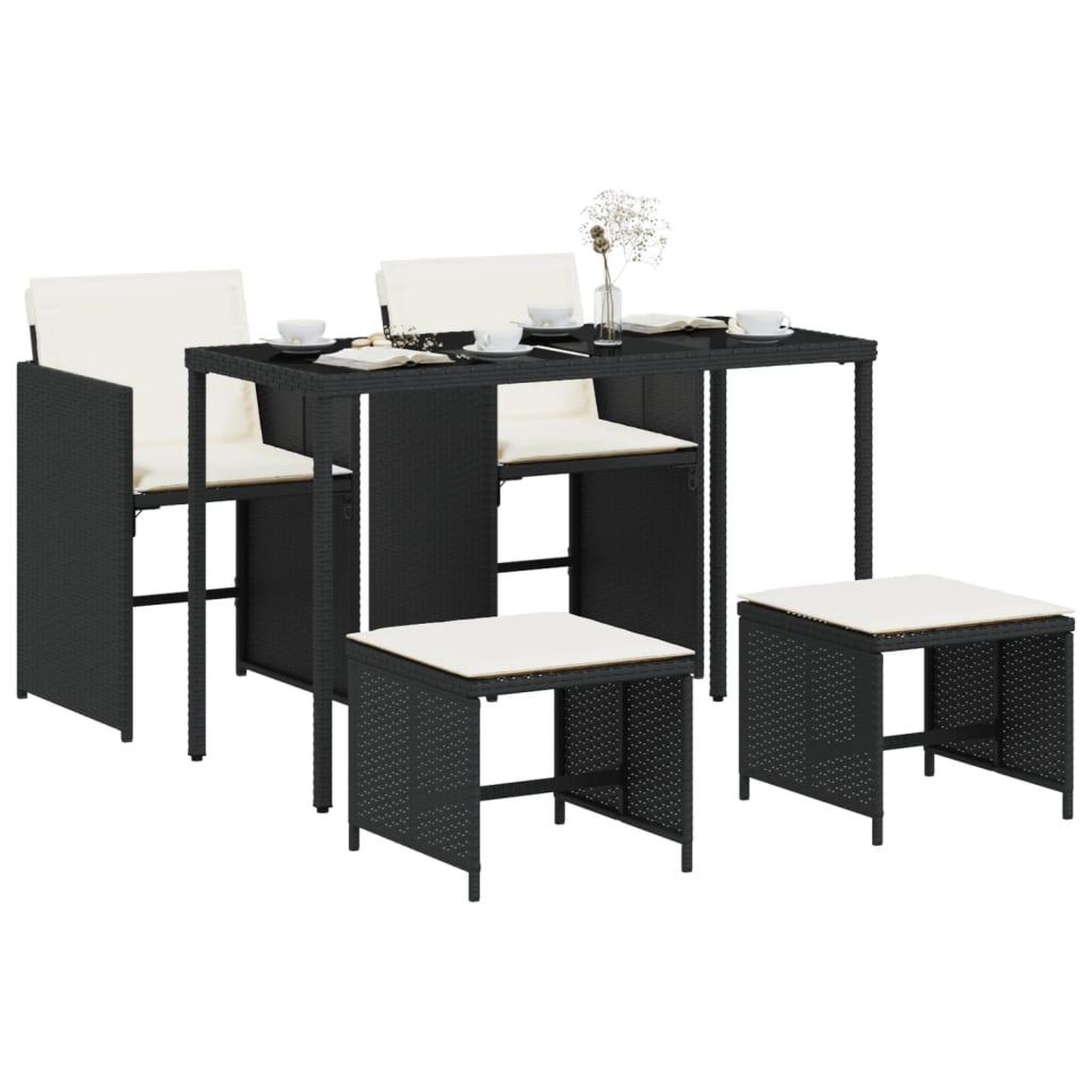 Voir la diapositive 3 : VIDAXL Ensemble a manger de jardin coussins 5pcs Noir Resine tressee