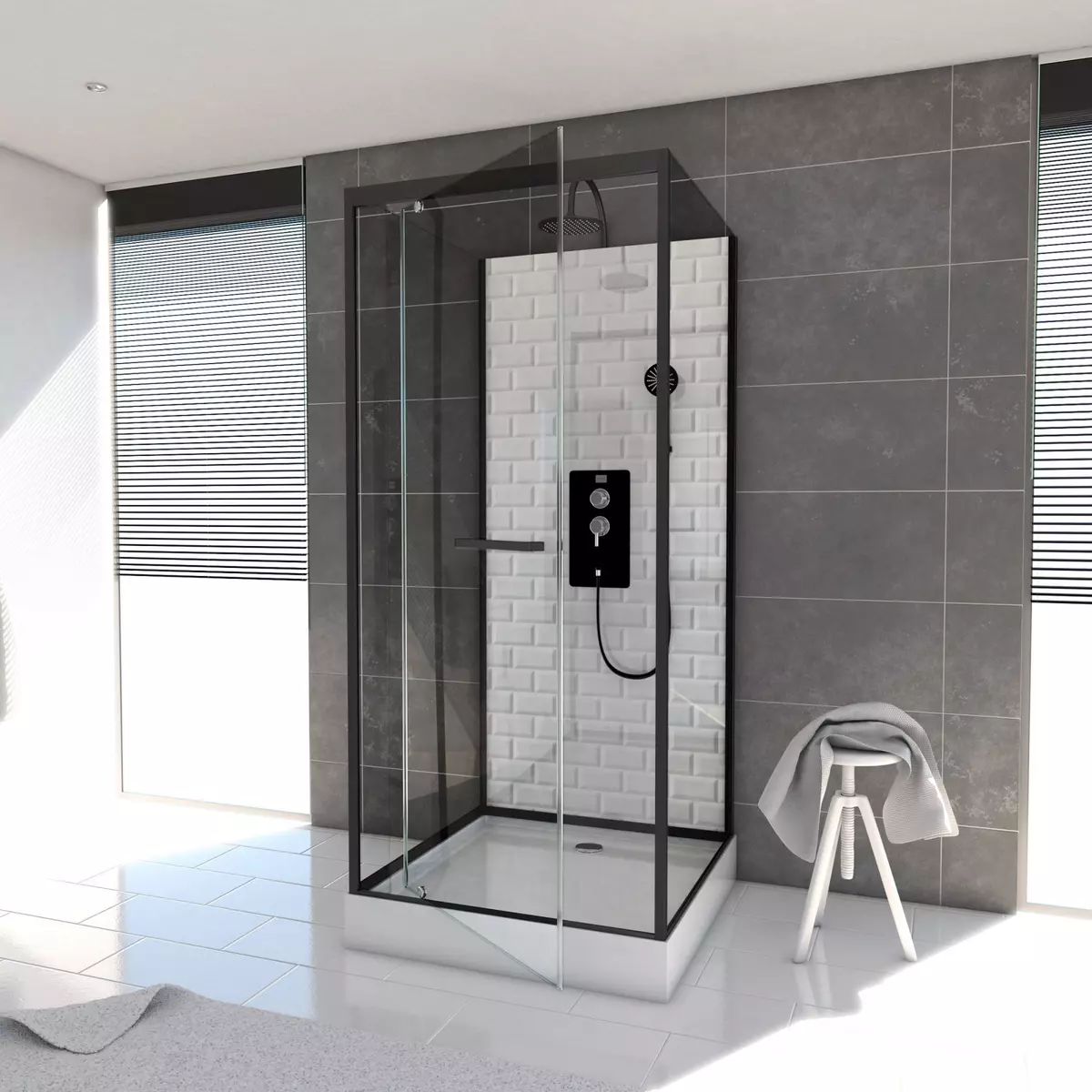 Aurlane Cabine de douche carré à motif carreaux de métro blanc 90x90 cm