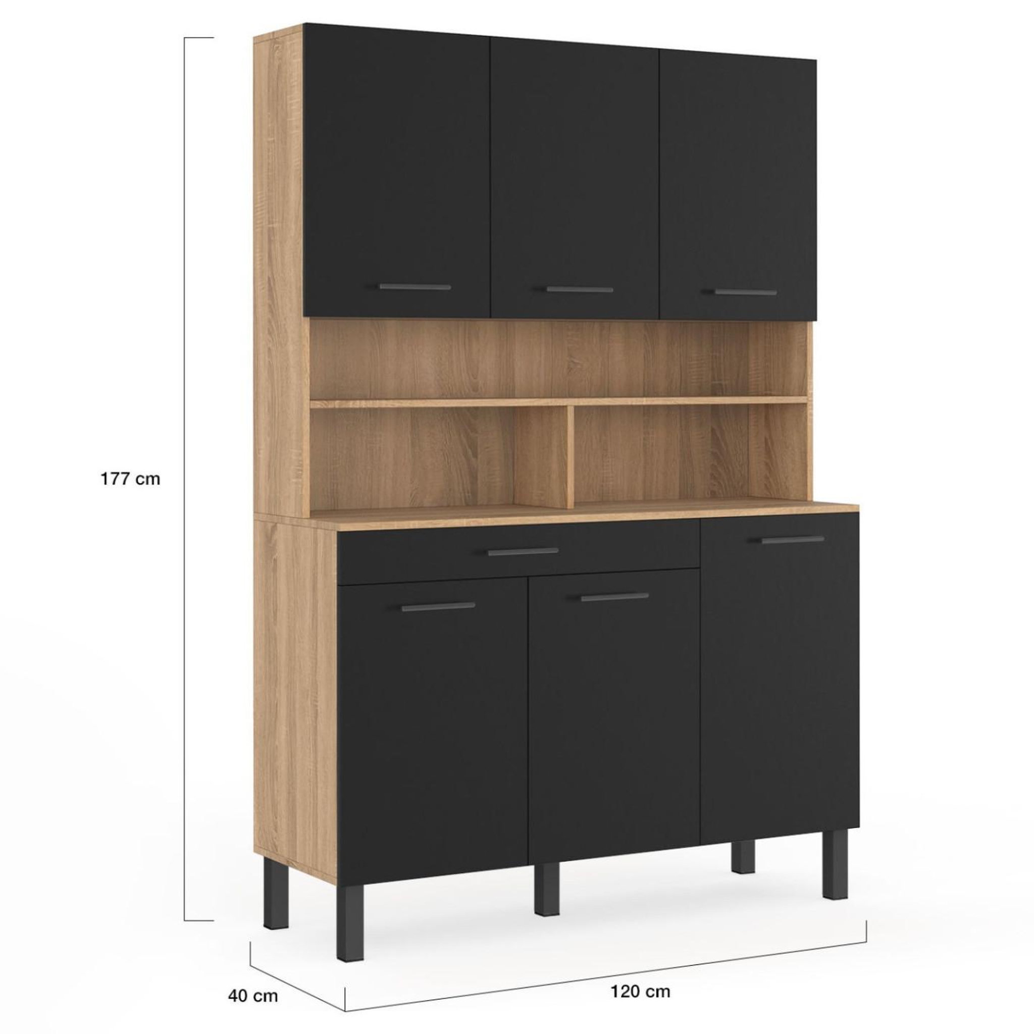 Voir la diapositive 5 : ID MARKET Buffet de cuisine 120 cm cina 6 portes + tiroir façon hêtre et noir