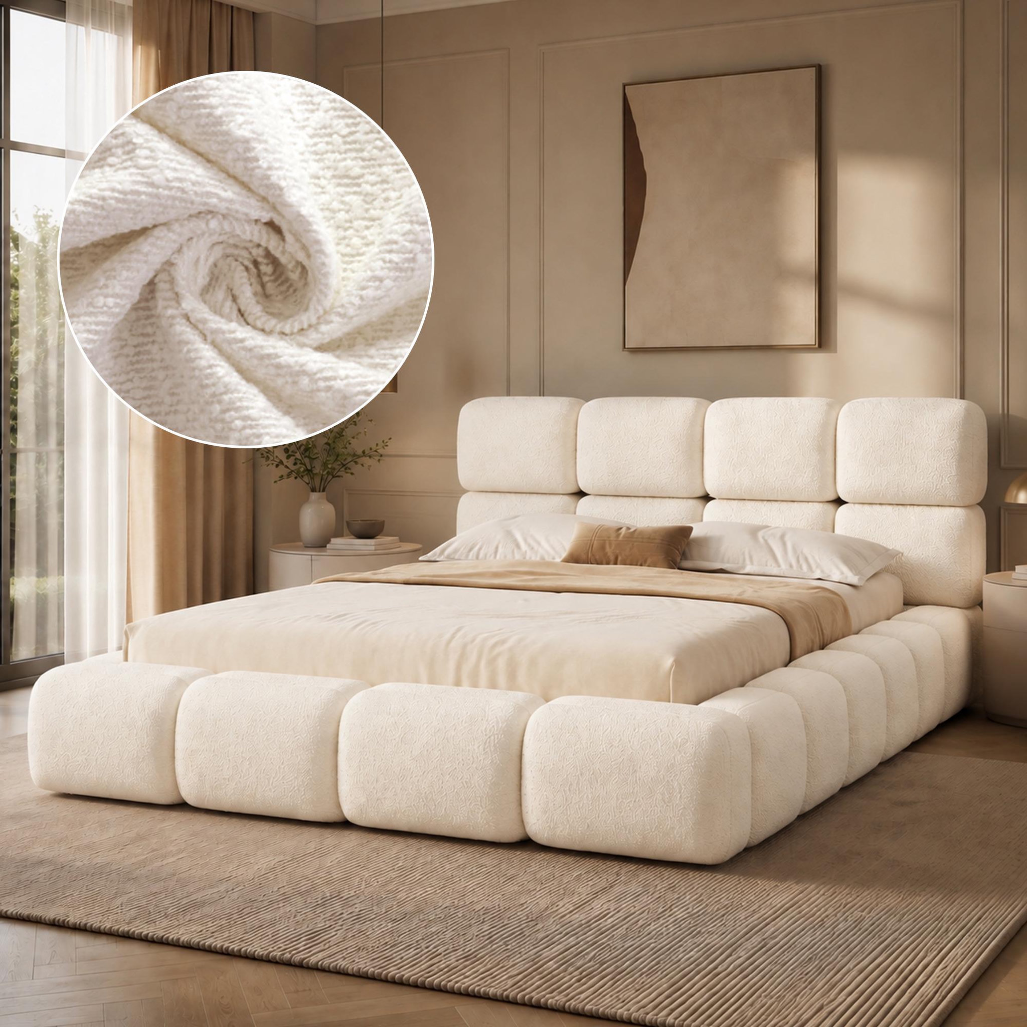 Voir la diapositive 2 : MERAX Lit double design bouclé avec tête de lit rembourrée et sommier