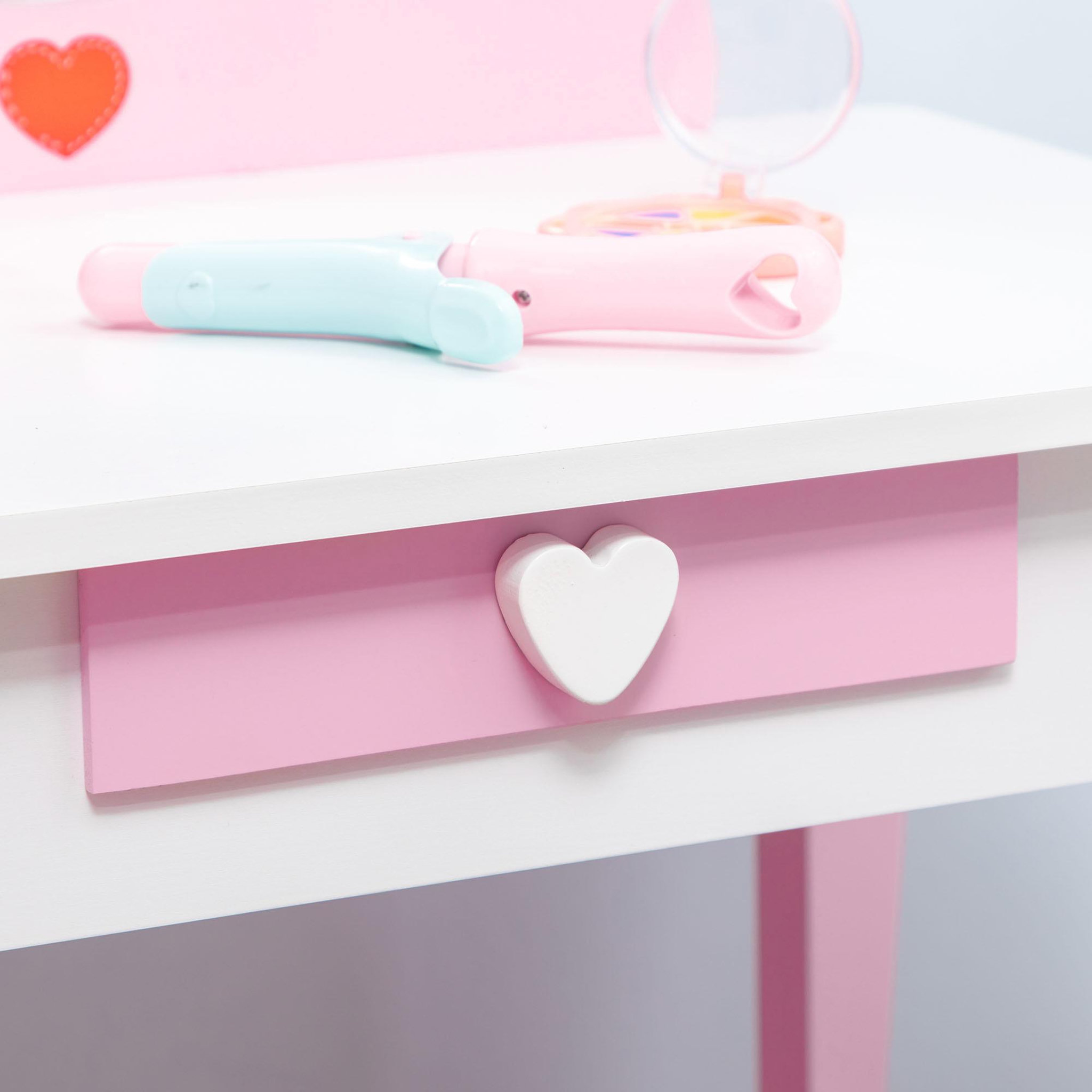Voir la diapositive 4 : HOMCOM Coiffeuse enfant design girly motif coeur - tiroir, miroir, tabouret inclus - MDF - blanc rose