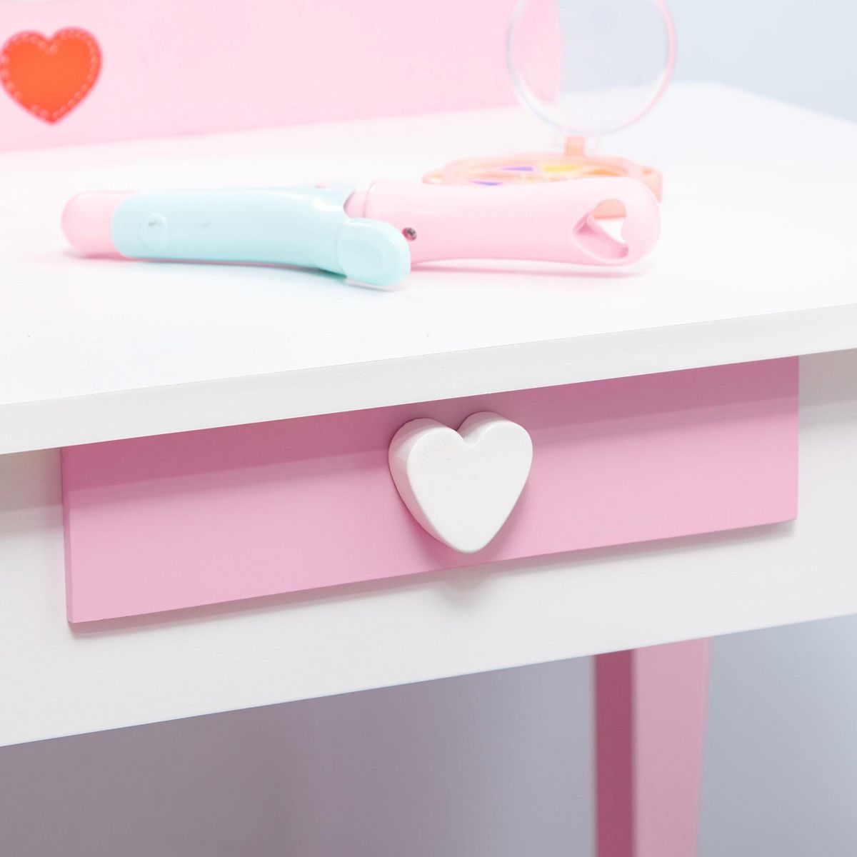HOMCOM Coiffeuse enfant design girly motif coeur - tiroir, miroir, tabouret inclus - MDF - blanc rose