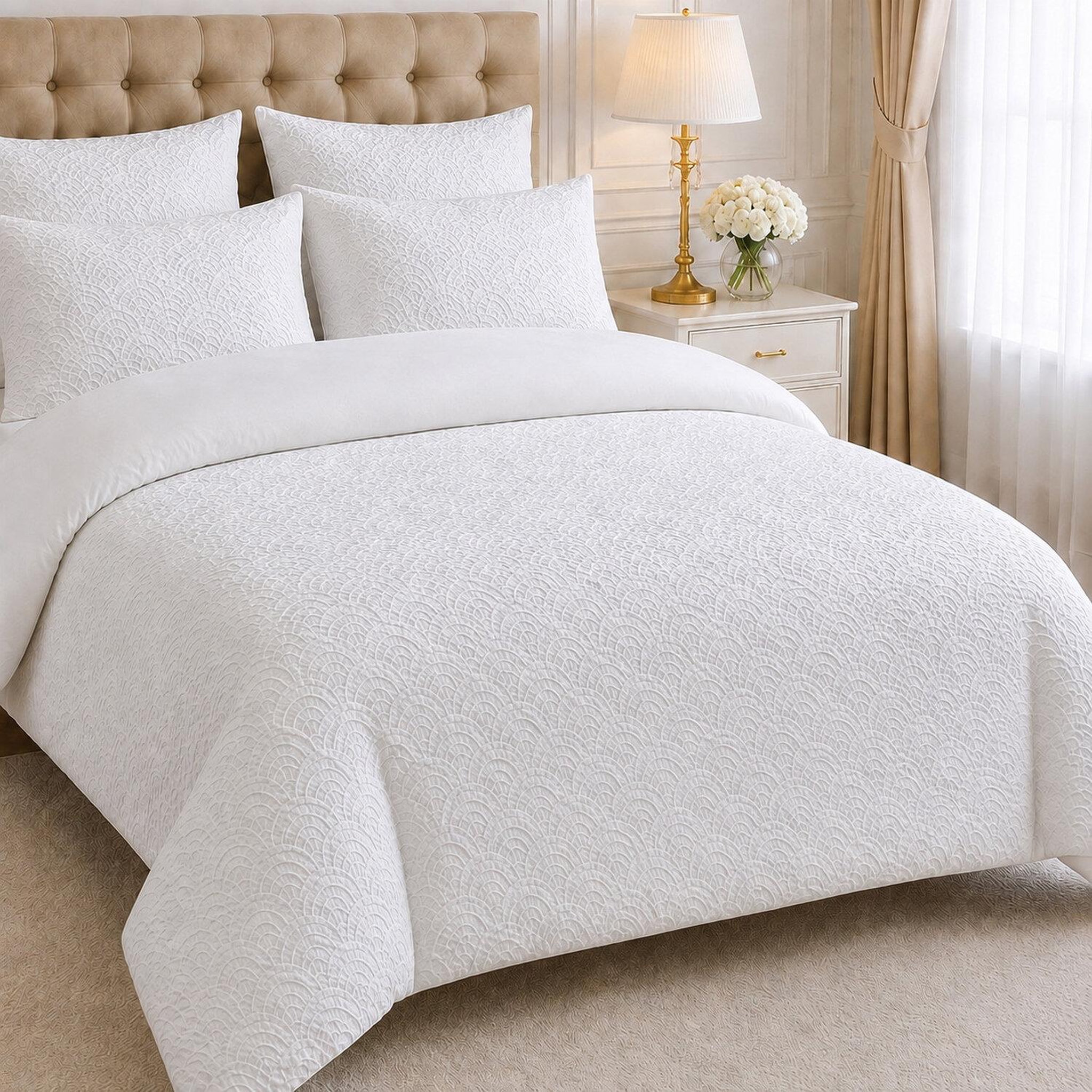 Voir la diapositive 2 : Les Ateliers du Linge Parure tila – microfibre jacquard art déco n°6 blanche