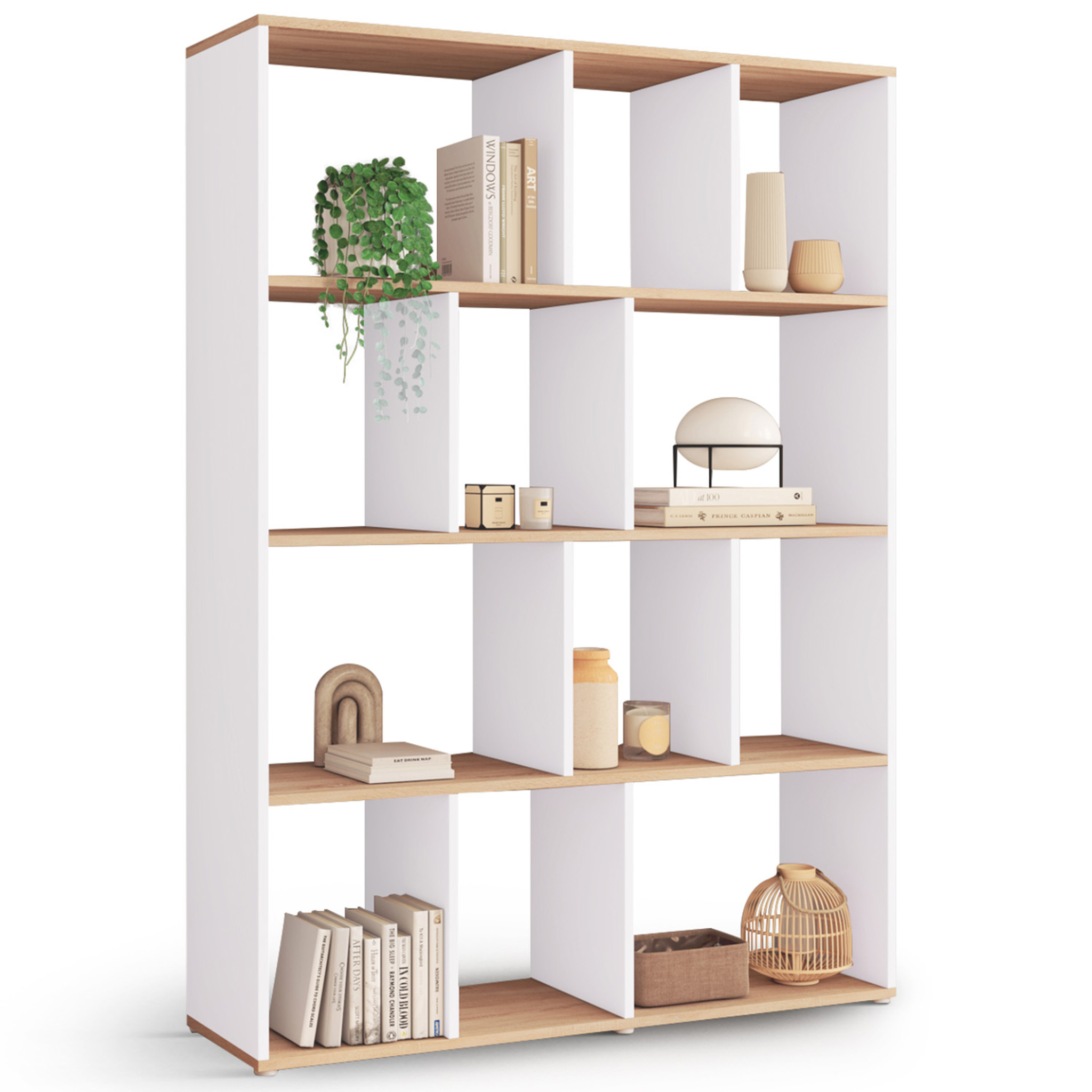 ID MARKET Etagère bibliothèque jena 4 niveaux blanc et effet bois 143 cm