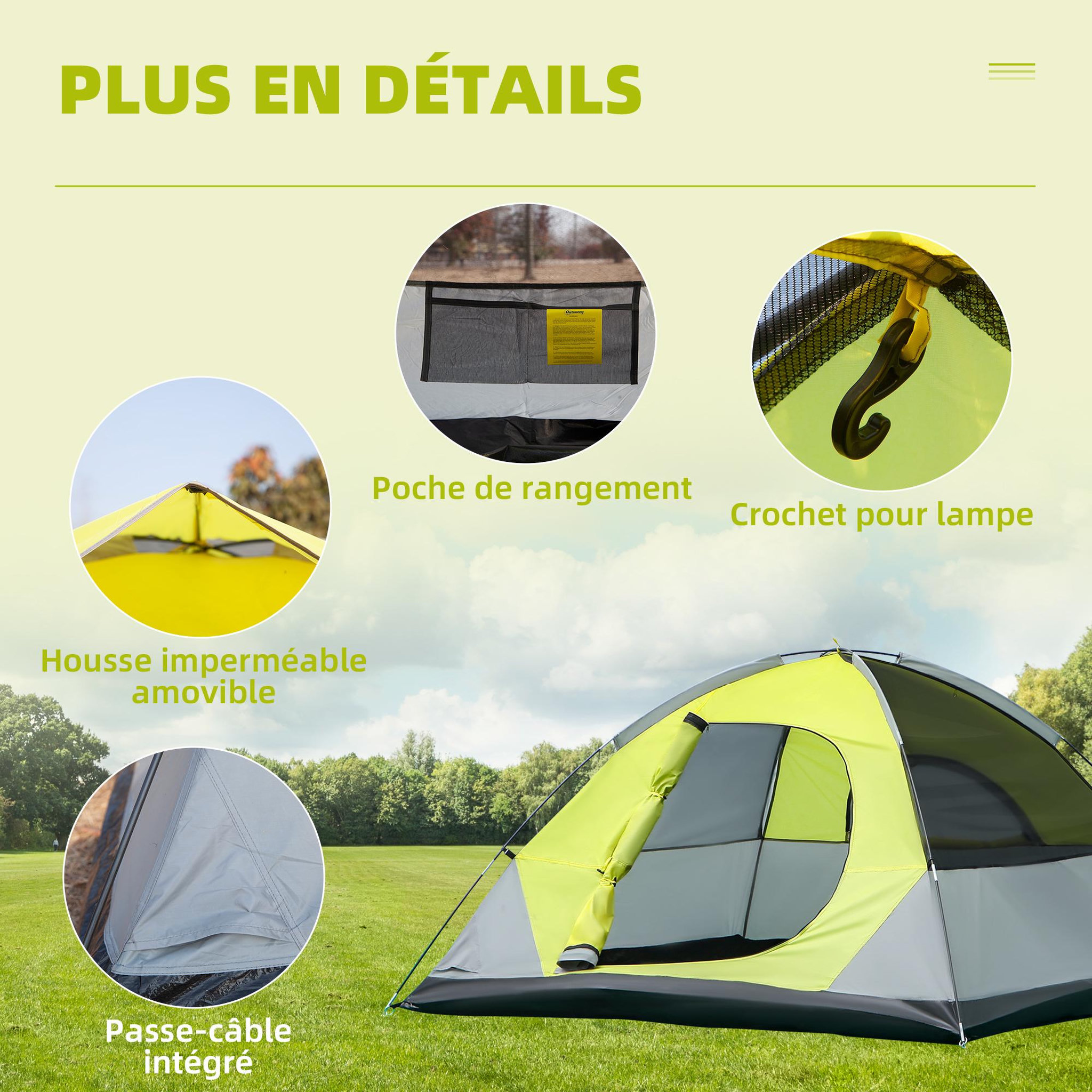 Voir la diapositive 6 : OUTSUNNY Tente de camping 3 personnes - portes zippées, poche rangement, sac transport inclus - dim. 210L x 210l x 119H cm - fibre verre polyester tissu Oxford gris vert