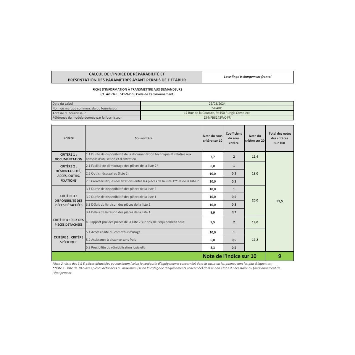 Sharp Lave-linge hublot 1400 tours/min blanc - ESNFB8143WC