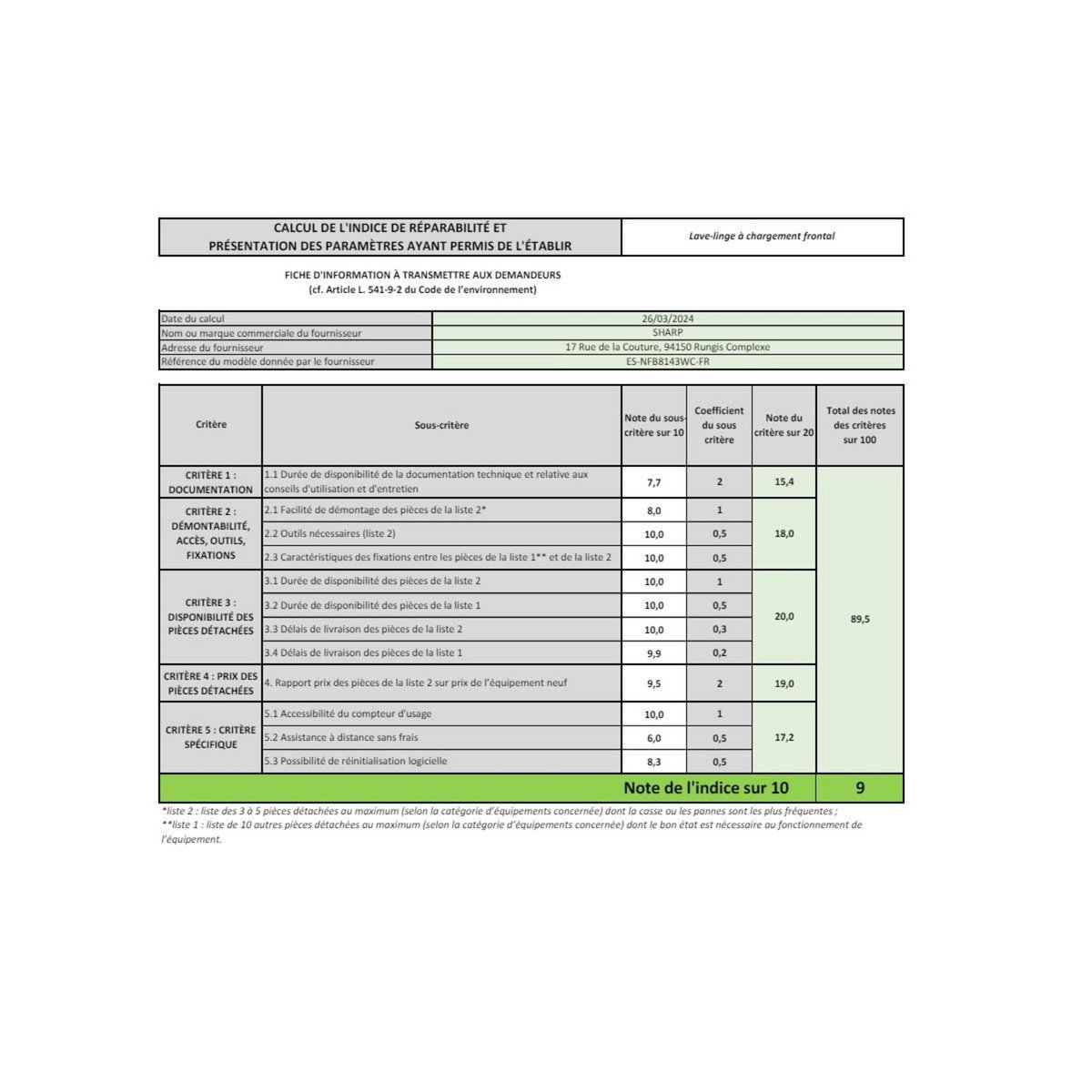 Sharp Lave-linge frontal 1400 tours/min blanc - ESNFB8143WC