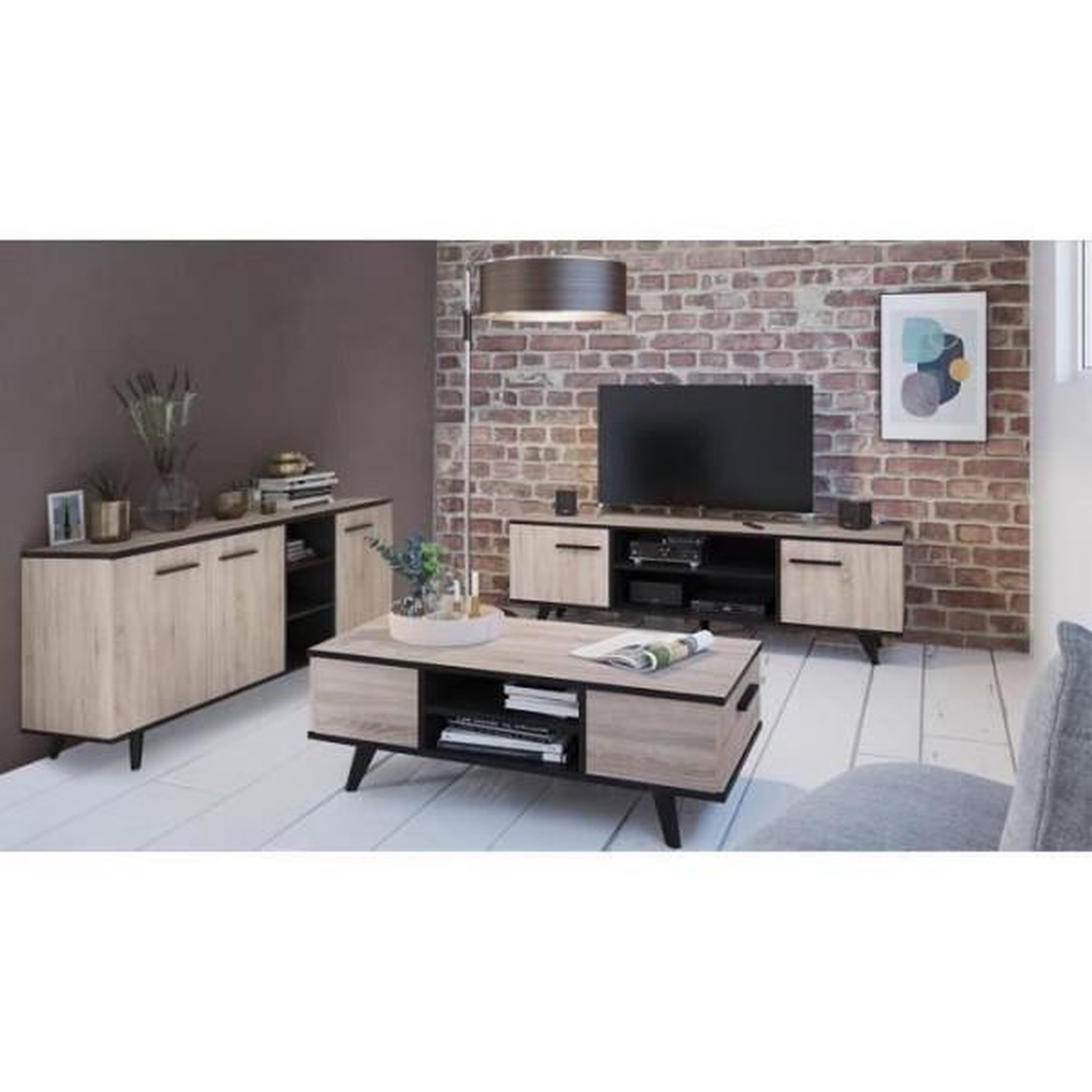 Demeyere Ensemble meuble tv table basse buffet wayne - mélaminé - style scandinave - chene brossé et noir