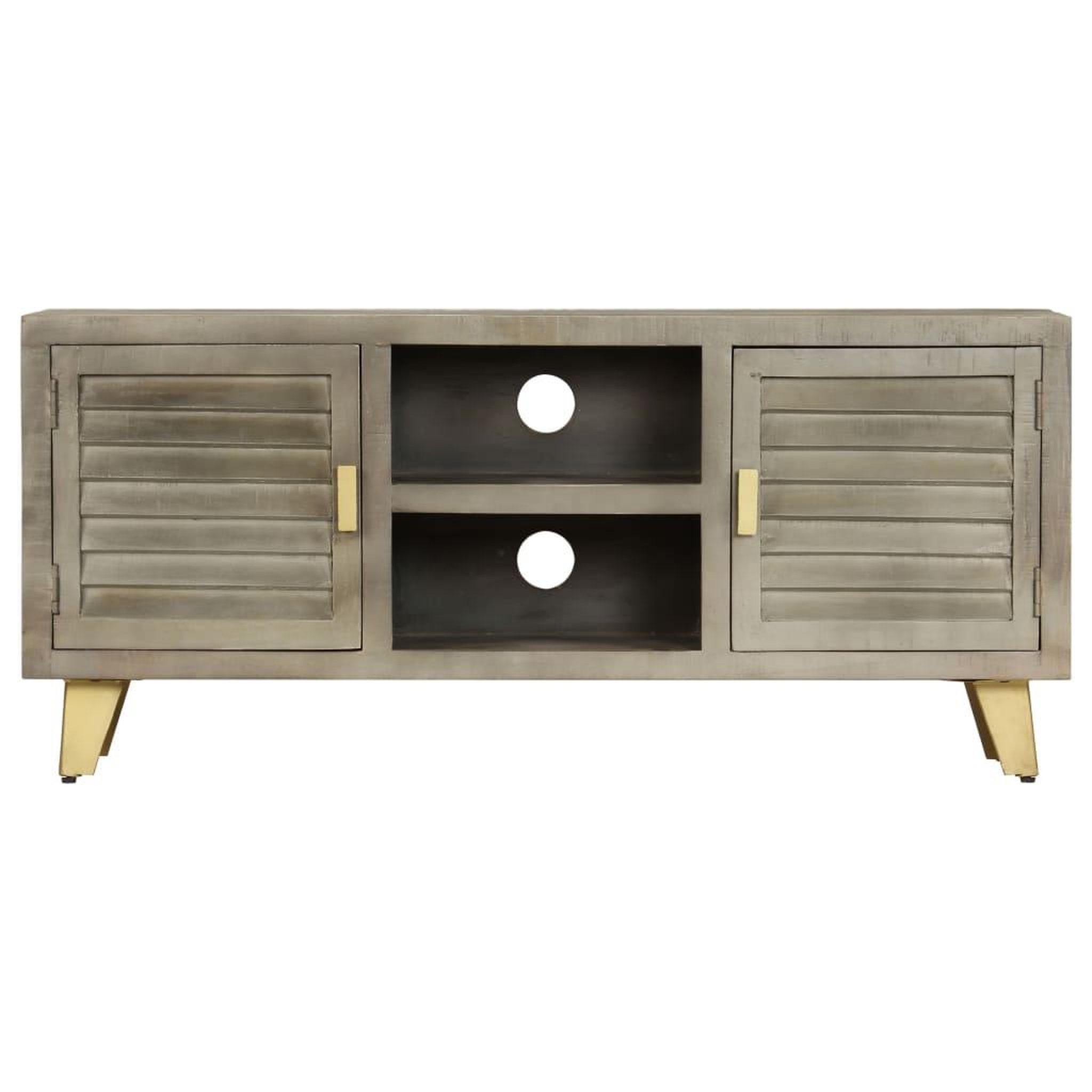 Voir la diapositive 2 : VIDAXL Meuble tv bois solide de manguier gris avec laiton 110x30x48 cm