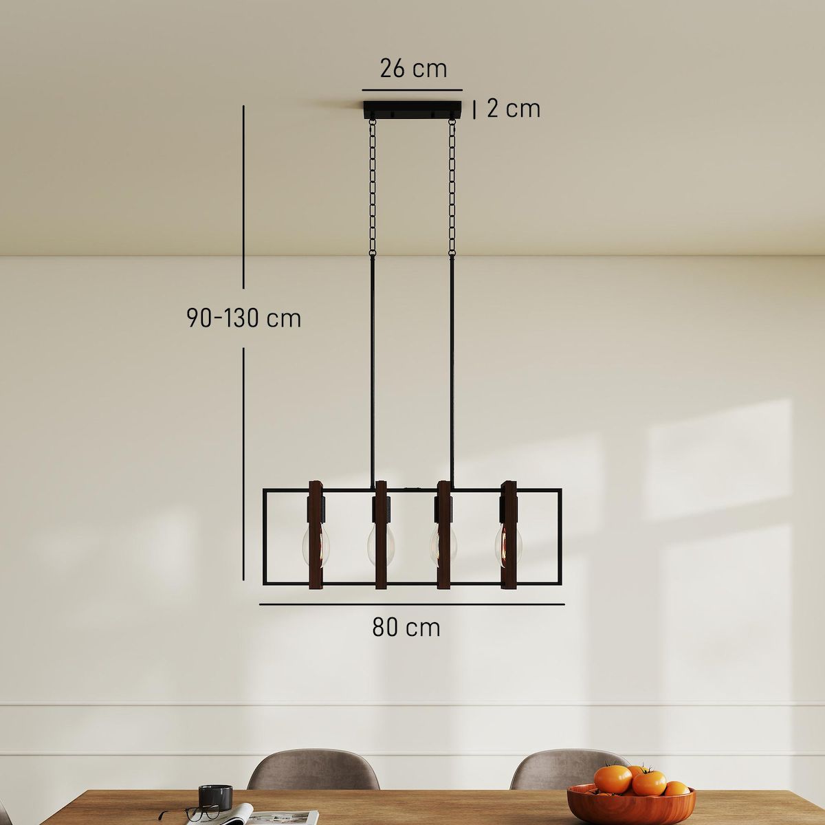 HOMCOM Suspension design 4 lumières cadres rotatifs - hauteur réglable - acier noir bois coloris noyer