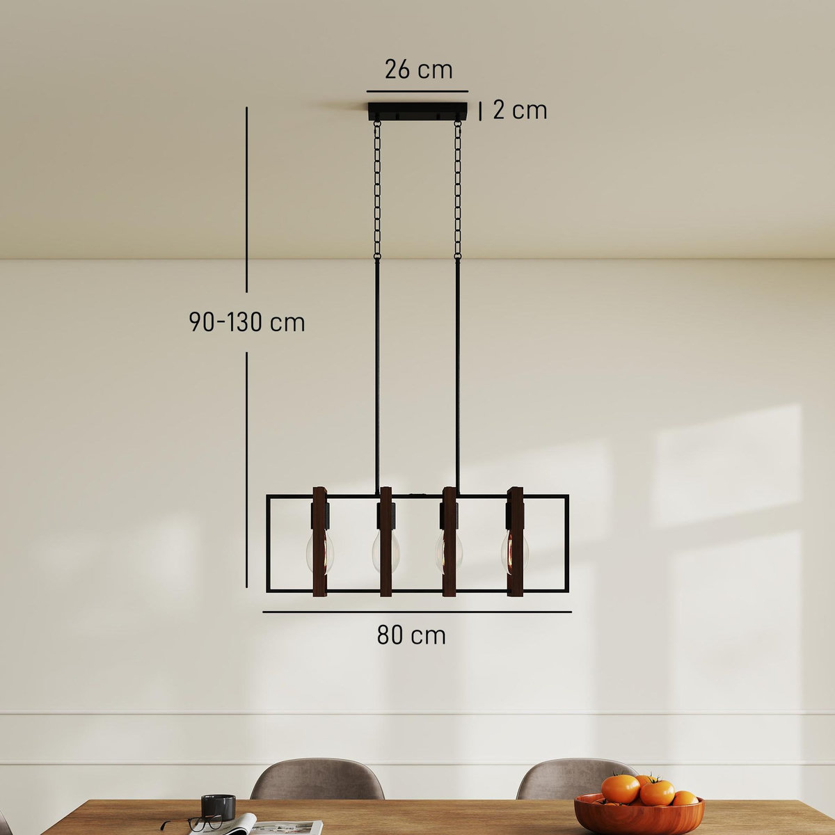 HOMCOM Suspension design 4 lumières cadres rotatifs - hauteur réglable - acier noir bois coloris noyer