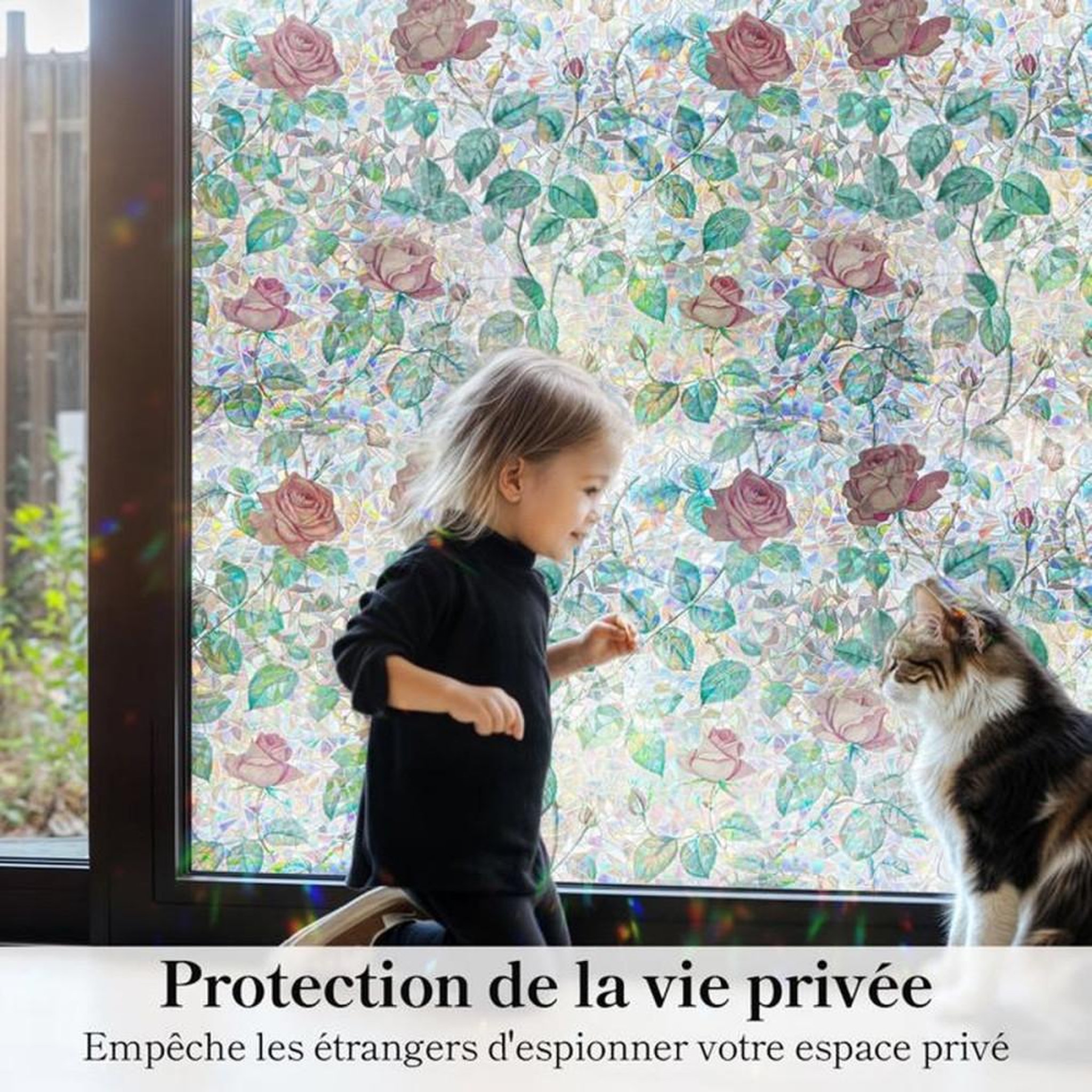 Voir la diapositive 2 : Film fenêtre 3D arc-en-ciel électrostatique sans colle motif roses 45 x 200 cm protection UV intimité