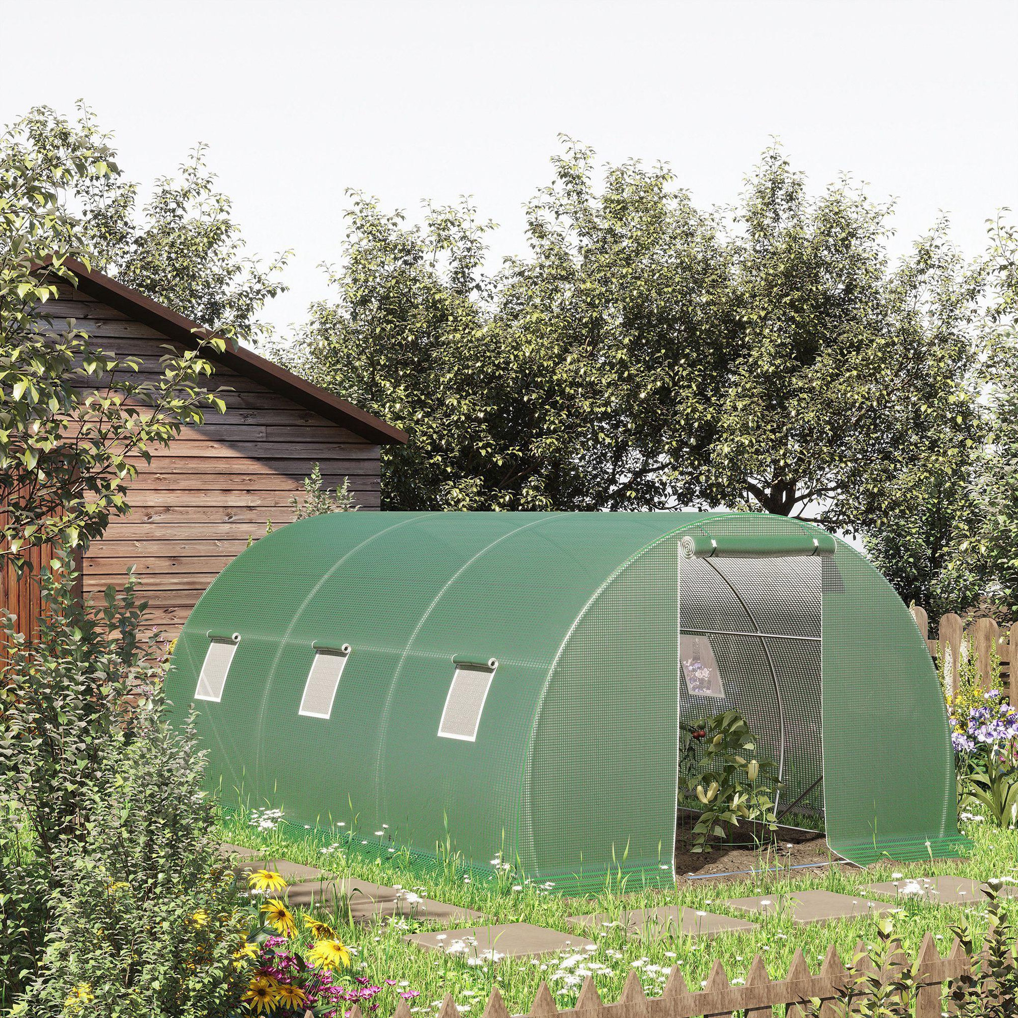 Voir la diapositive 2 : OUTSUNNY Serre tunnel 13,5 m² dim. 4,5 x 3 x 2 m - 6 fenêtres, porte zippée enroulable - acier galvanisé pe haute densité vert