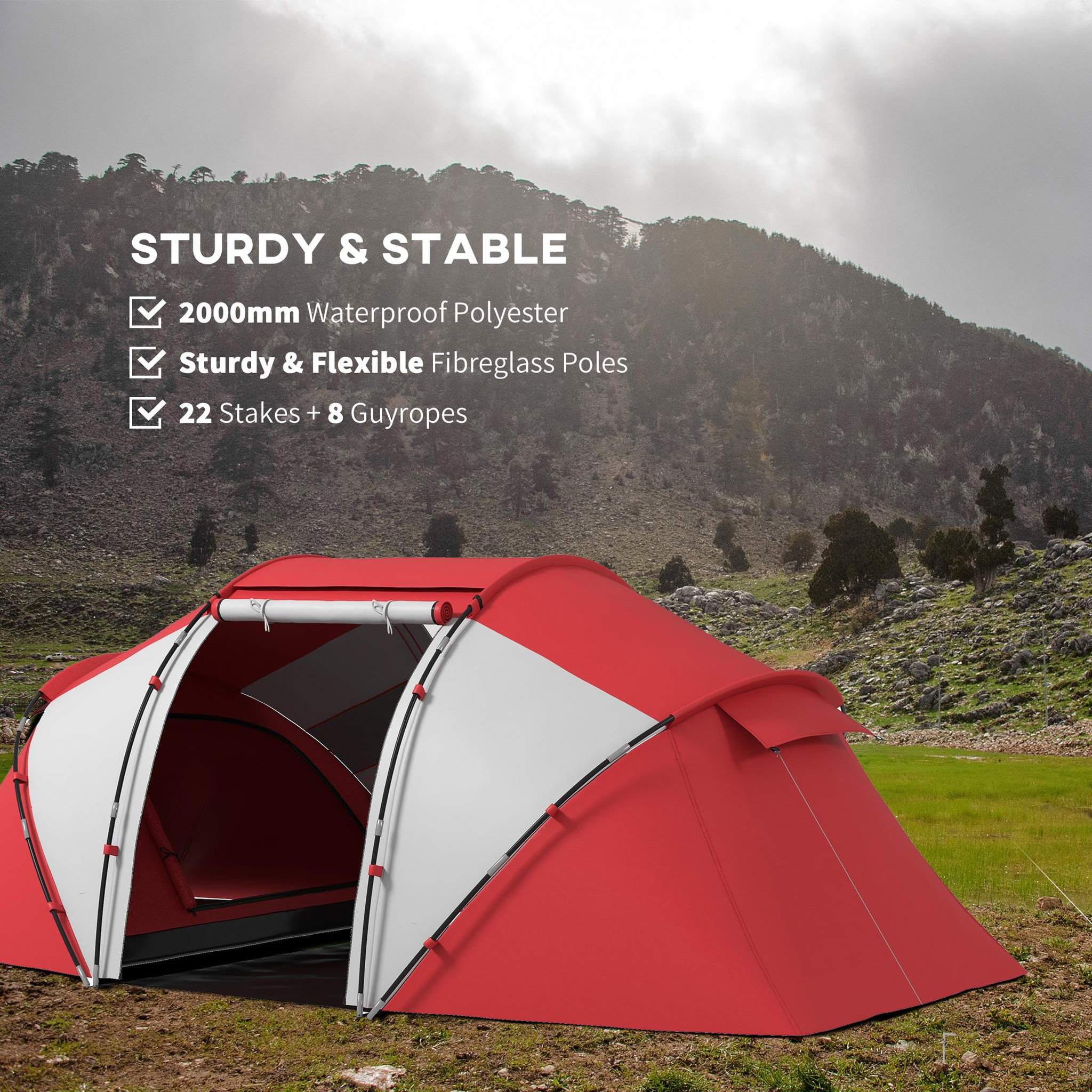 Voir la diapositive 6 : OUTSUNNY Tente de camping familiale 4-6 personnes 2 cabines fenêtre grande porte 4,3l x 2,4l x 1,7h m rouge gris