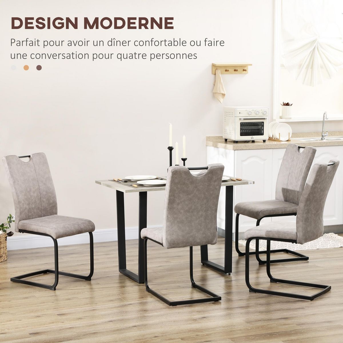 HOMCOM Lot de 4 chaises de salon design cantilever piètement luge acier noir revêtement microfibre gris