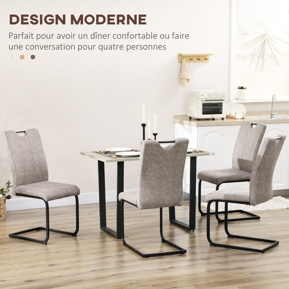 HOMCOM Lot de 4 chaises de salon design cantilever piètement luge acier noir revêtement microfibre gris