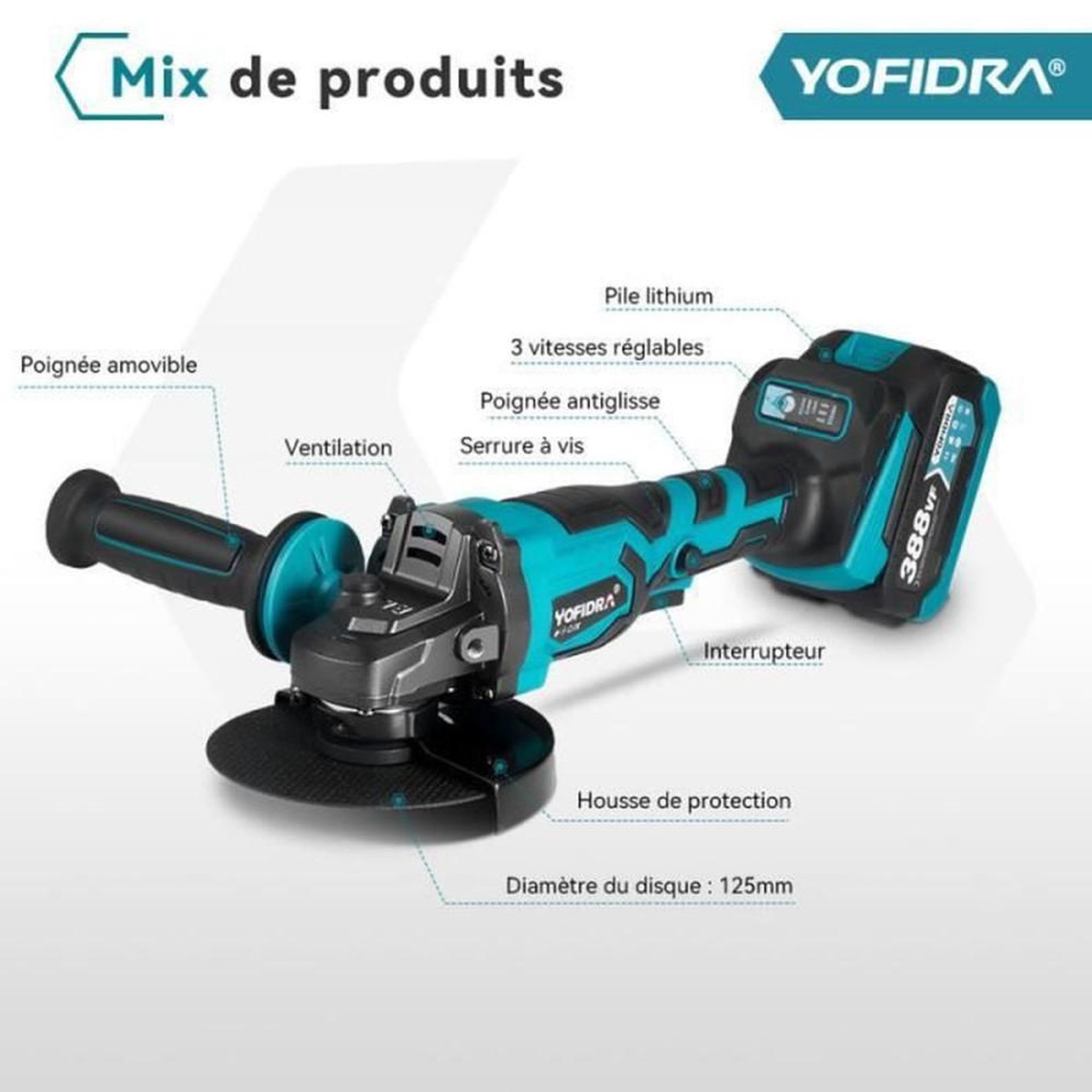 Voir la diapositive 2 : Meuleuse d'angle sans fil 125 mm brushless 850 W, 3 vitesses YOFIDRA, jusqu'à 8000 tr/min, interrupteur à pression variable