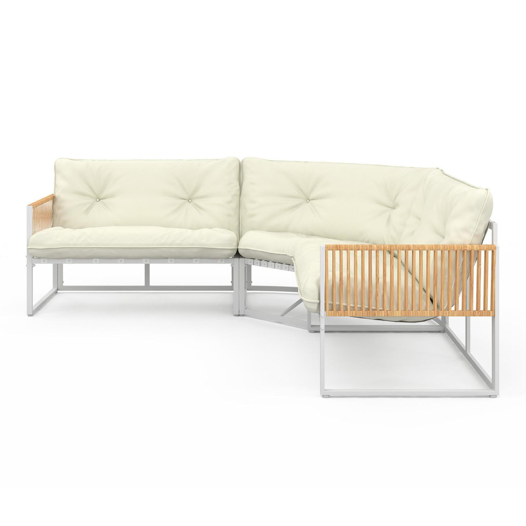 Voir la diapositive 3 : ID MARKET Salon de jardin bas rio 8 places salon d'angle structure métal blanc et cordage effet rotin avec coussins beiges
