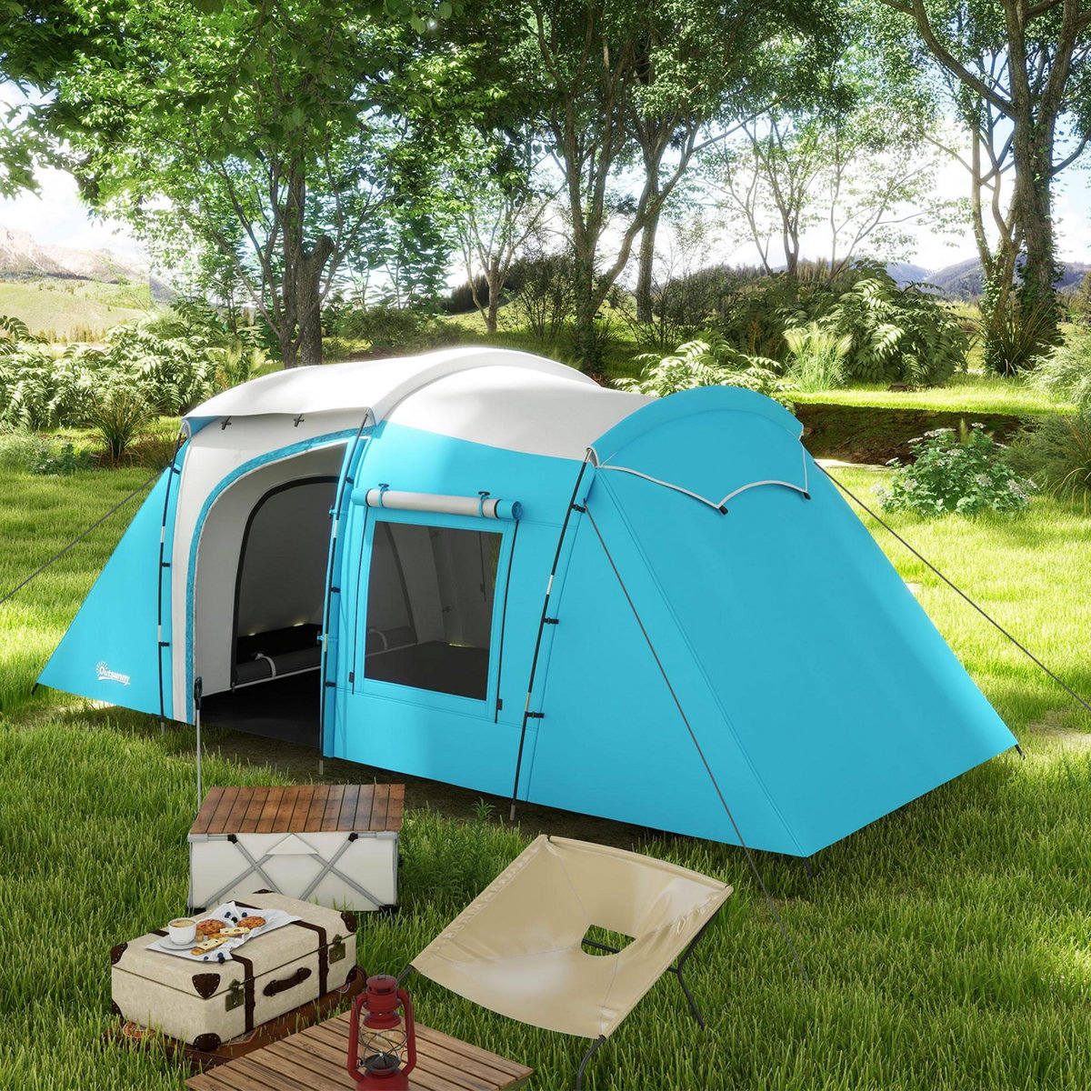 OUTSUNNY Tente de camping 3-4 pers. 2 chambres 4 portes 4 fenêtres sac bleu