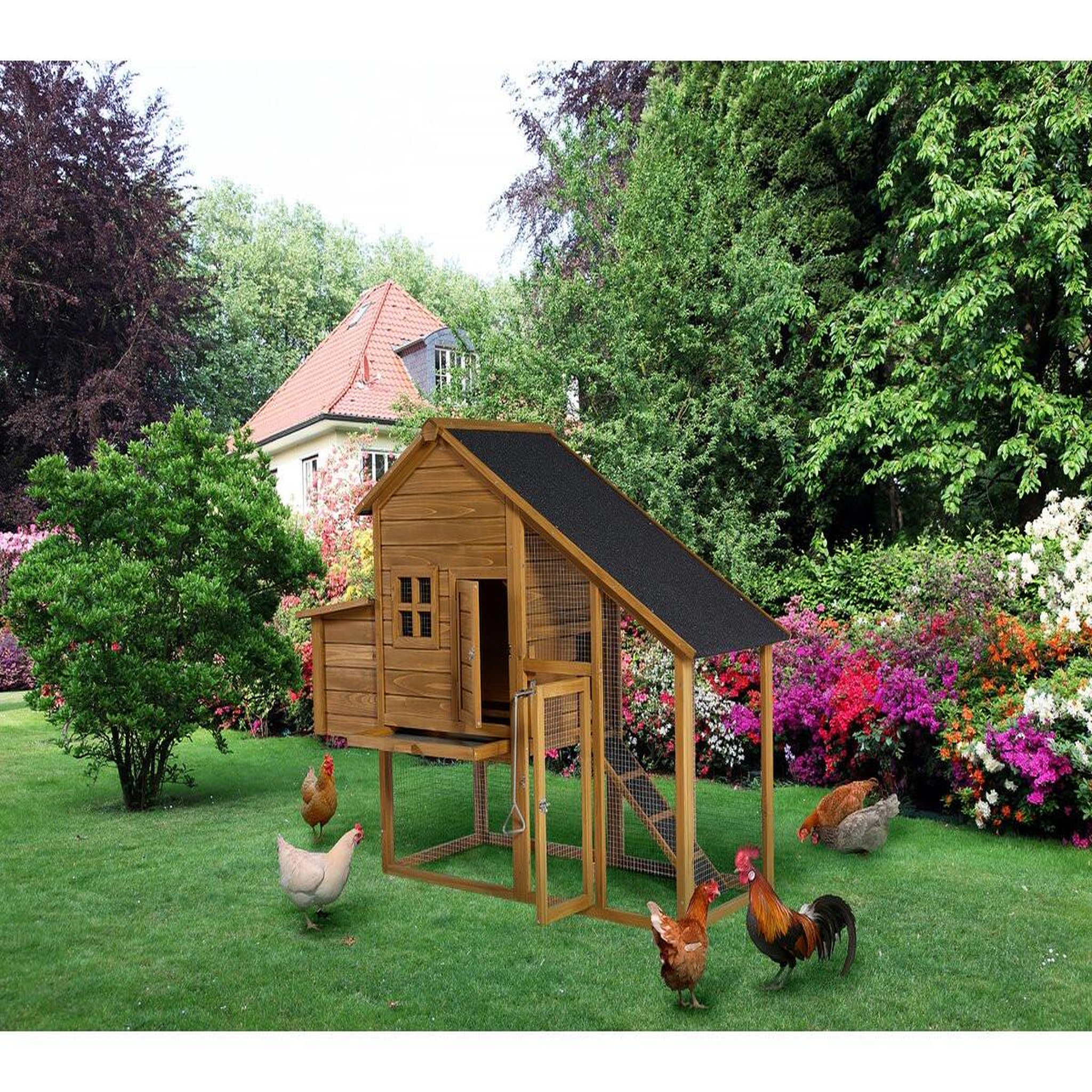 Voir la diapositive 2 : Habitat et Jardin Poulailler  Princesse  avec pondoir en bois - 4 poules - Marron