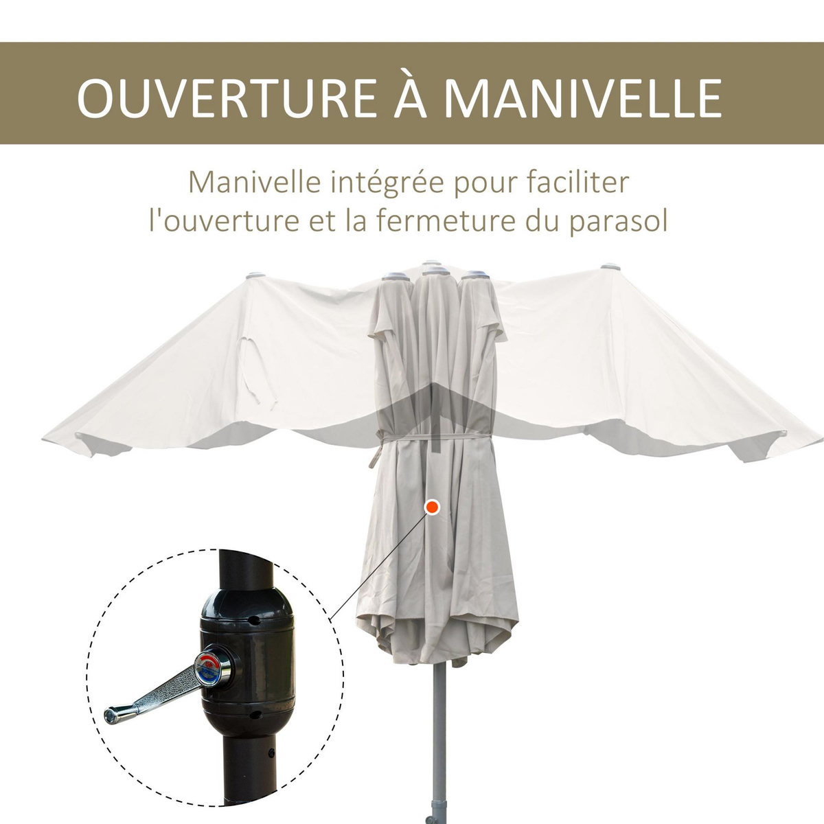 OUTSUNNY Parasol de jardin XXL parasol grande taille 4,6L x 2,7l x 2,4H m ouverture fermeture manivelle acier polyester haute densité café latte