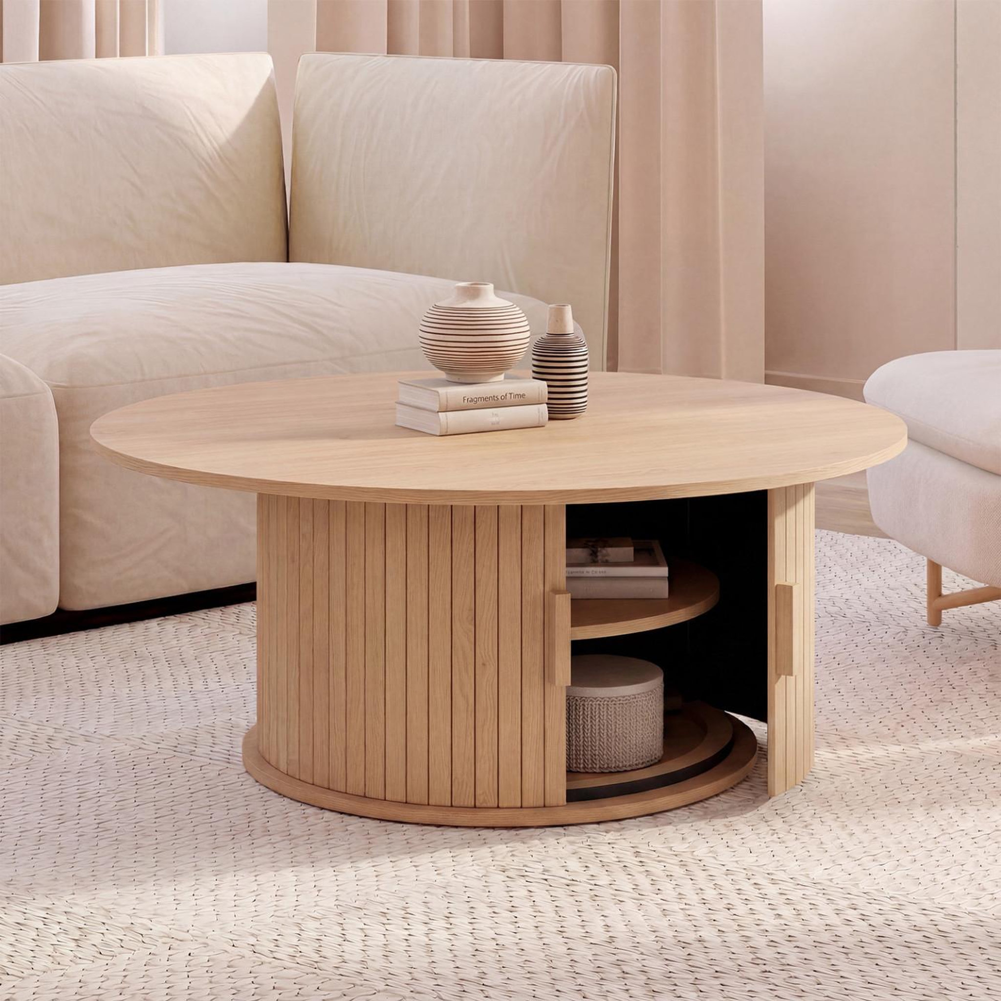 Voir la diapositive 2 : ID MARKET Table basse ronde juliette 100 cm avec rangement lattes tasseau bois coloris chêne