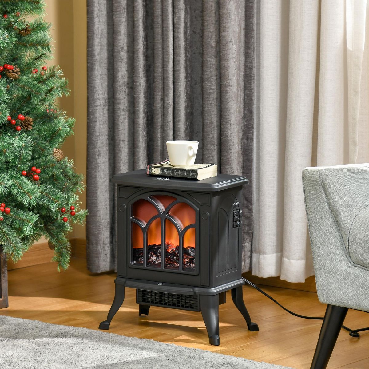 HOMCOM Cheminée électrique poêle style rétro thermostat 750-1500 W noir
