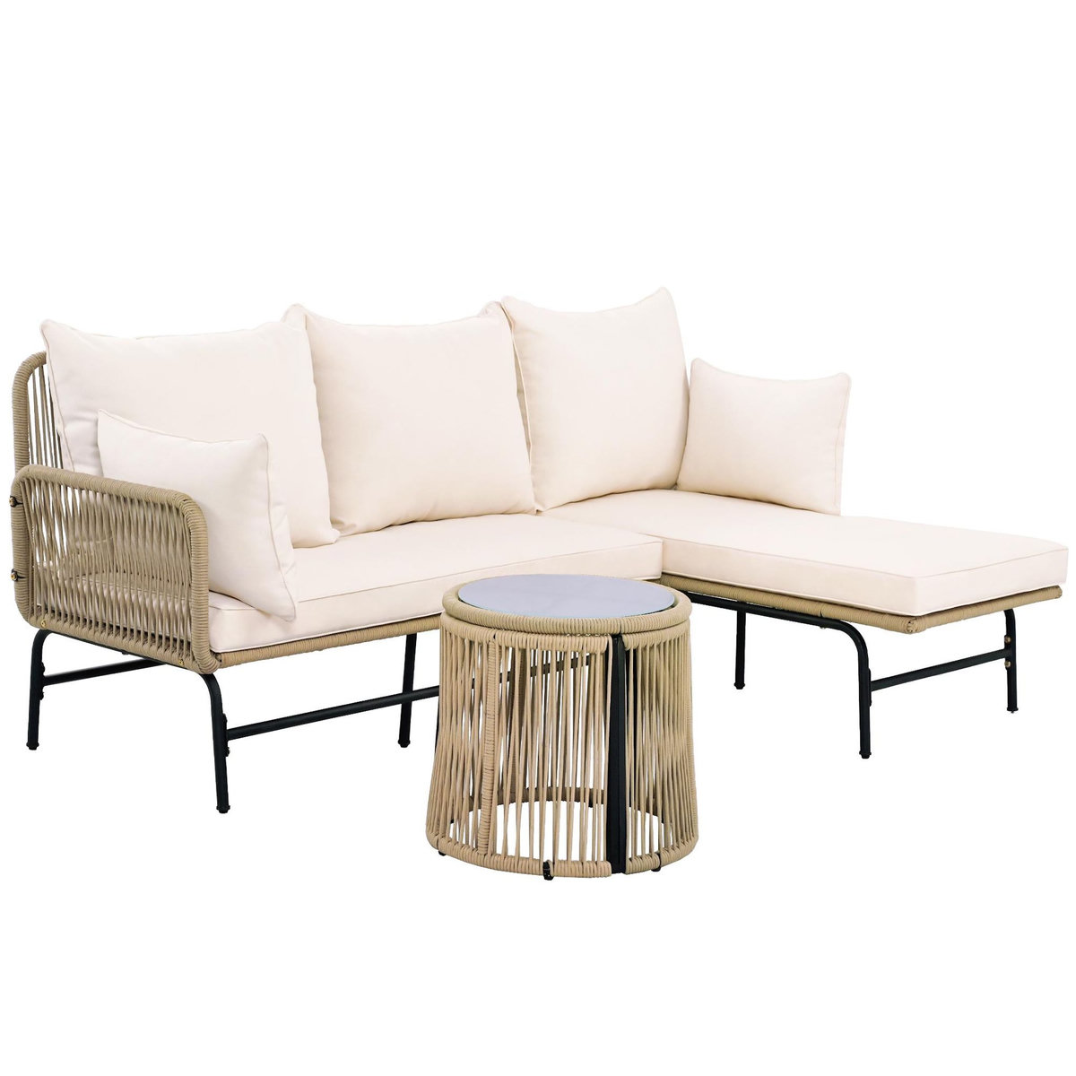 MERAX Salon de jardin 4 places en fer avec table, coussins, forme L, beige