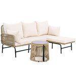 MERAX Salon de jardin 4 places en fer avec table, coussins, forme L, beige