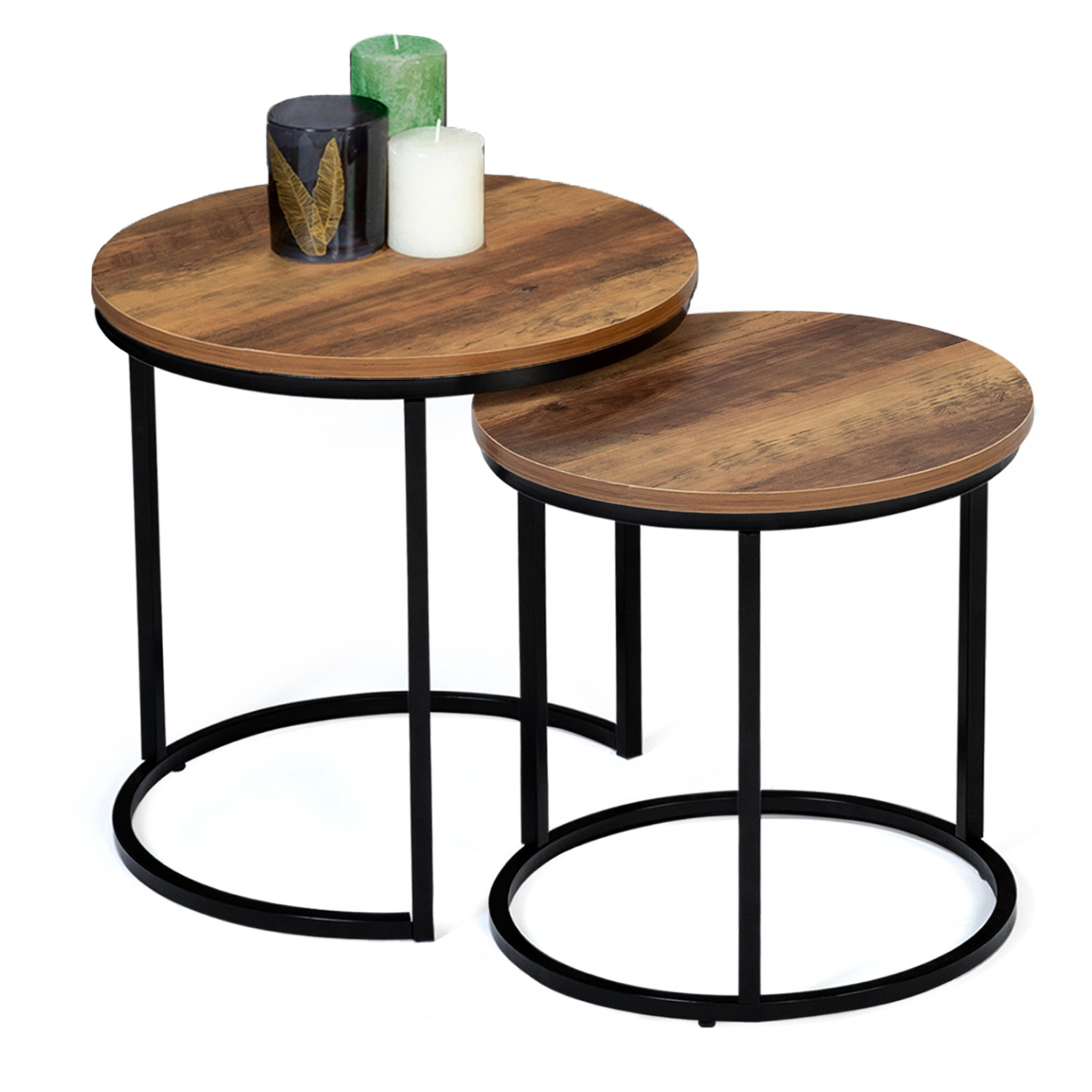 ID MARKET Lot de 2 tables basses gigognes hawkins rondes 40/45 bois foncé design industriel