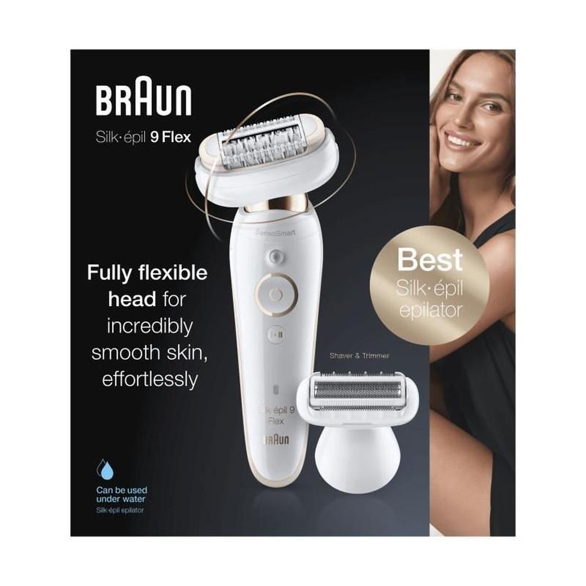 Voir la diapositive 2 : BRAUN Braun Silk-epil 9 Flex 9-002 Epilateur electrique pour femme - Tete flexible - Micro-grip 40 pincettes - SensoSmart - Blanc/Dore