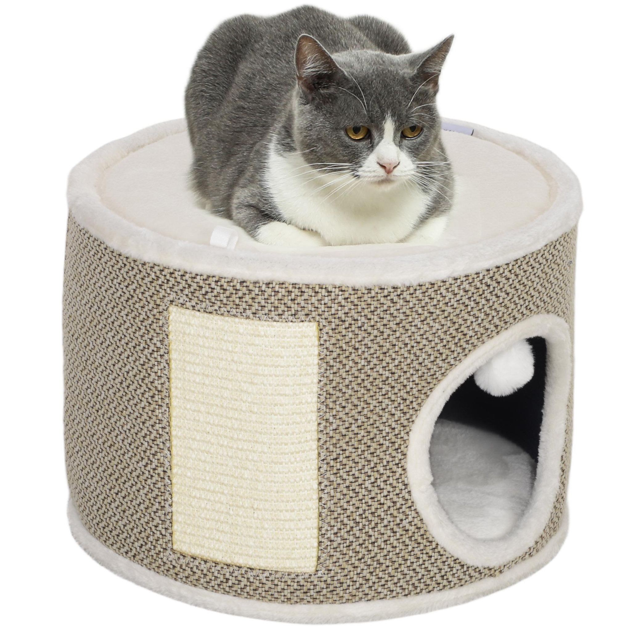 PAWHUT Panier niche griffoir grattoir 4 en 1 - 2 coussins, pompon - sisal naturel peluche crème café